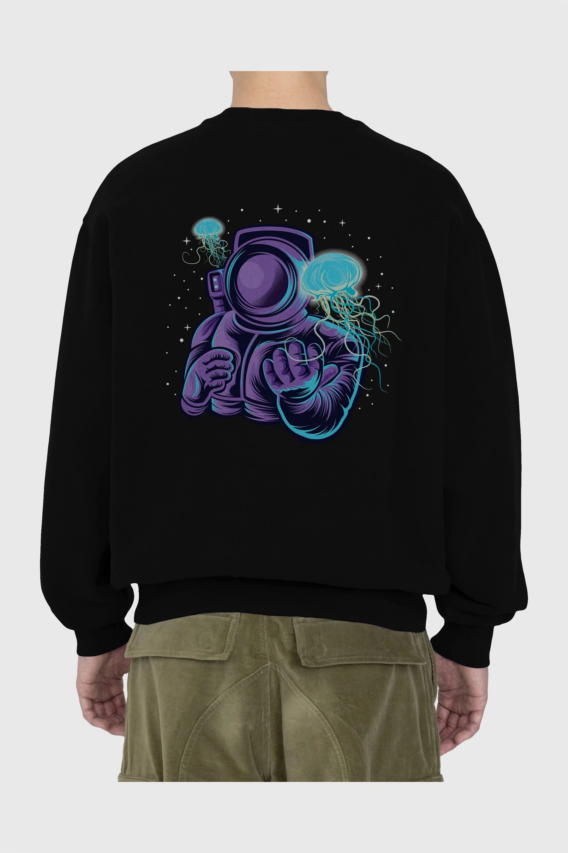 Astronaut and Jellyfish Arka Baskılı Oversize Sweatshirt Erkek Kadın Unisex