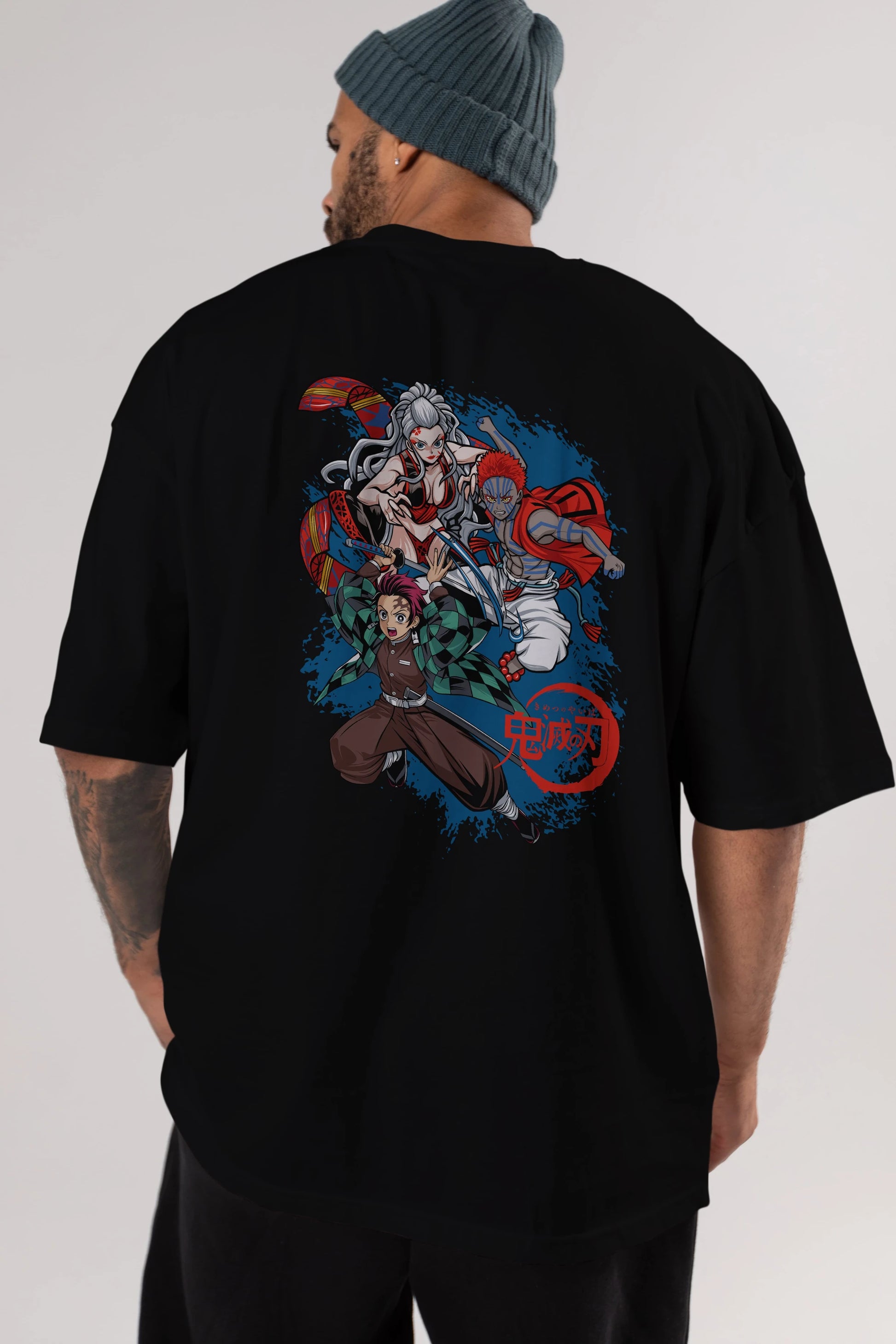 TANJIRO ,AKAZA,DAKI Anime Arka Baskılı Oversize t-shirt Erkek Kadın Unisex