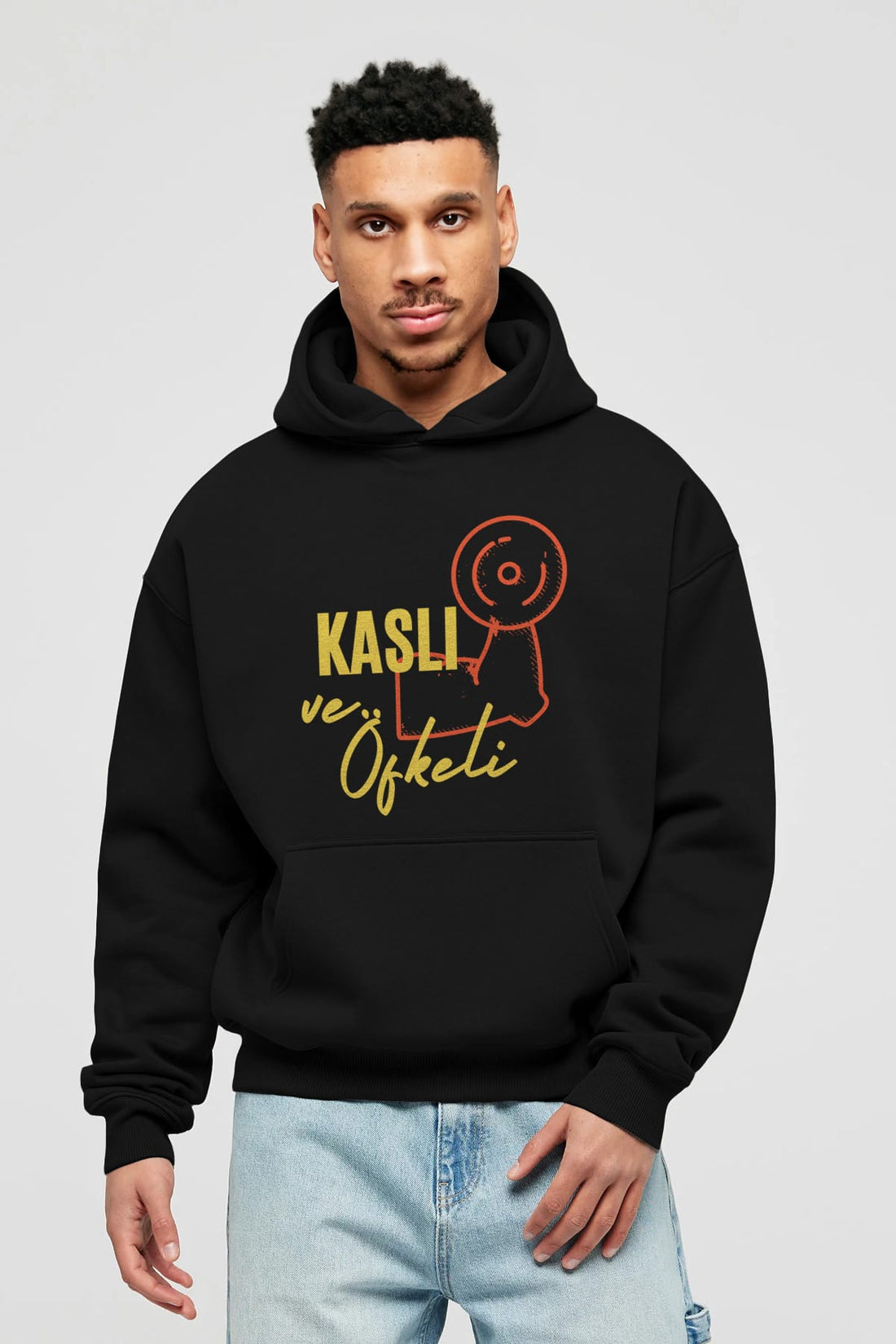 Kaslı ve Öfkeli Yazılı Ön Baskılı Oversize Hoodie Kapüşonlu Sweatshirt Erkek Kadın Unisex