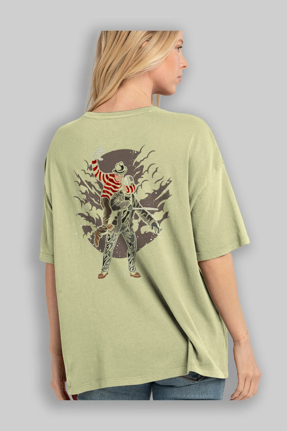 FREDDY VS JASON Arka Baskılı Oversize t-shirt Erkek Kadın Unisex %100 Pamuk