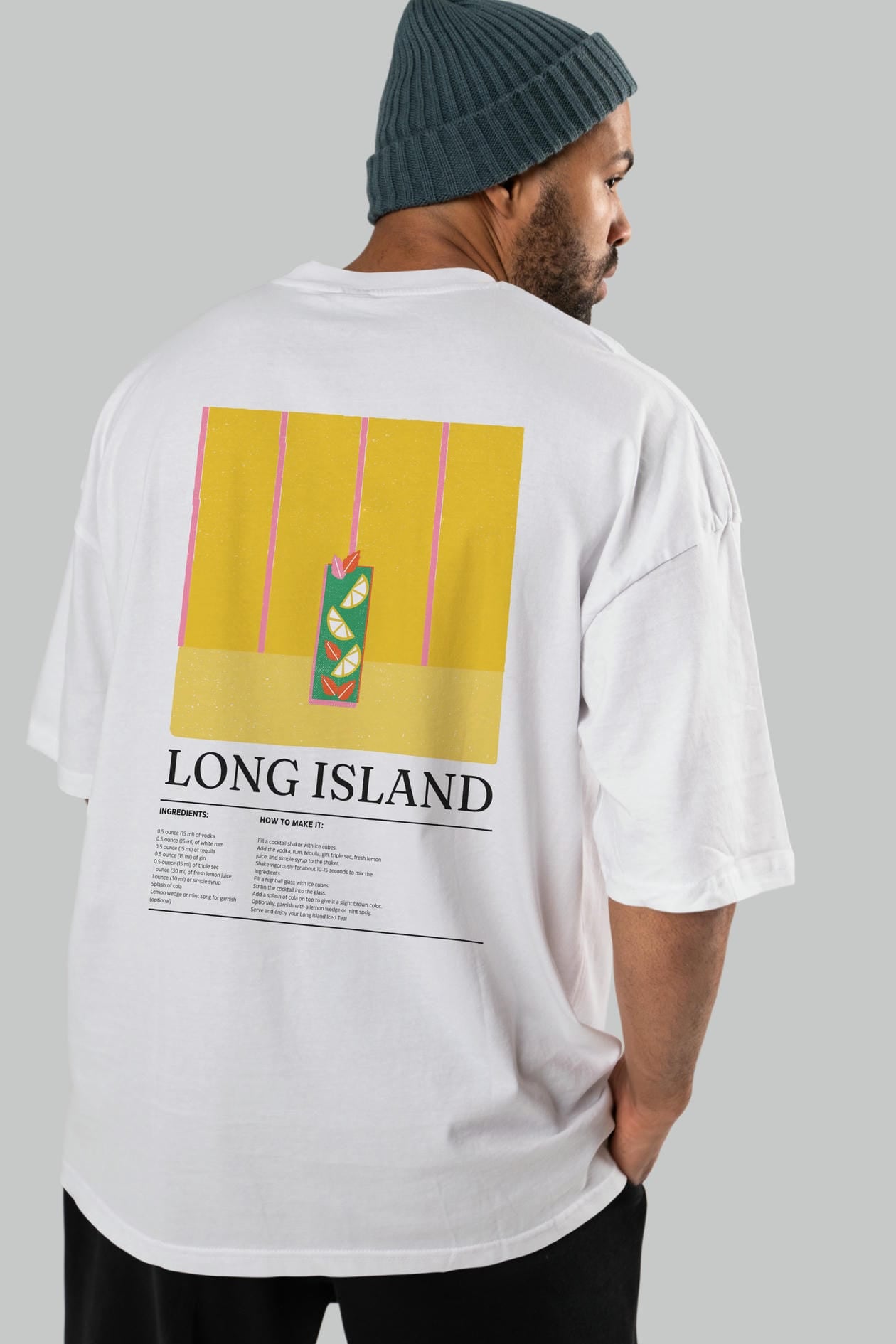 Long Island Kokteyl Serisi Arka Baskılı Oversize t-shirt Erkek Kadın %100 Pamuk Bisiklet Yaka tişort
