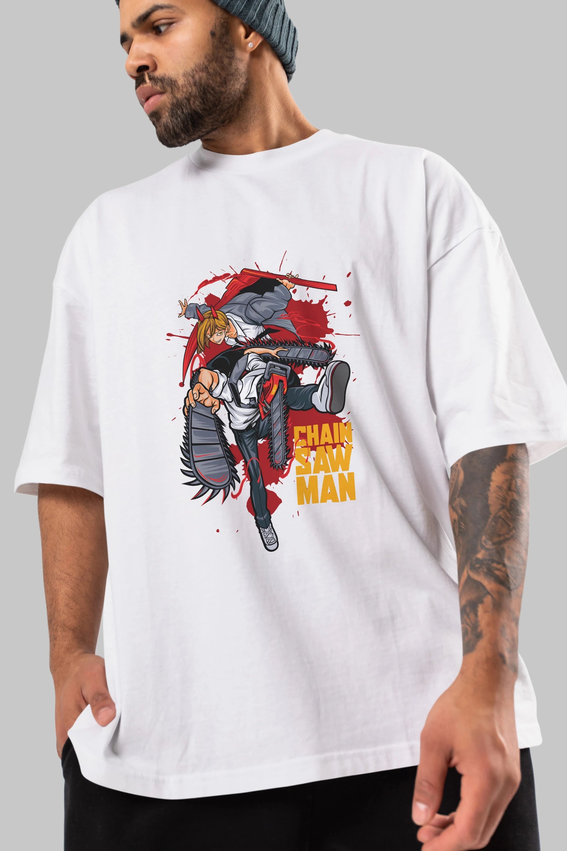 DENJI and POWER Anime Ön Baskılı Oversize t-shirt %100 pamuk Erkek Kadın Unisex