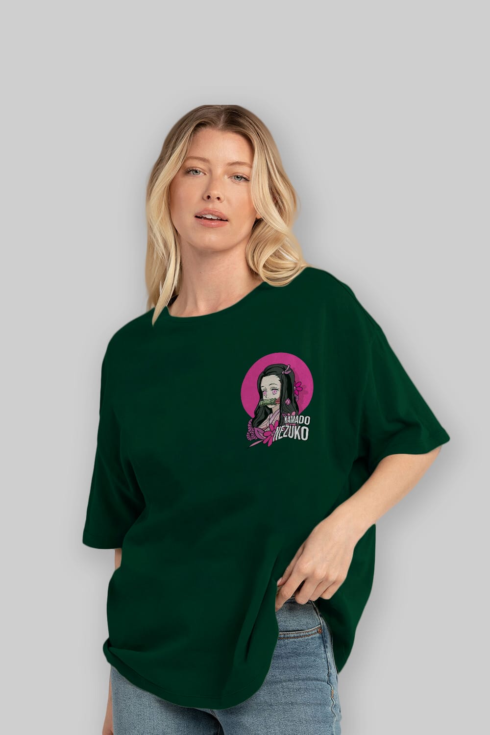 Nezuko Kamado 2 Ön Sol Baskılı Oversize t-shirt Erkek Kadın Unisex %100 Pamuk Bisiklet Yaka tişort