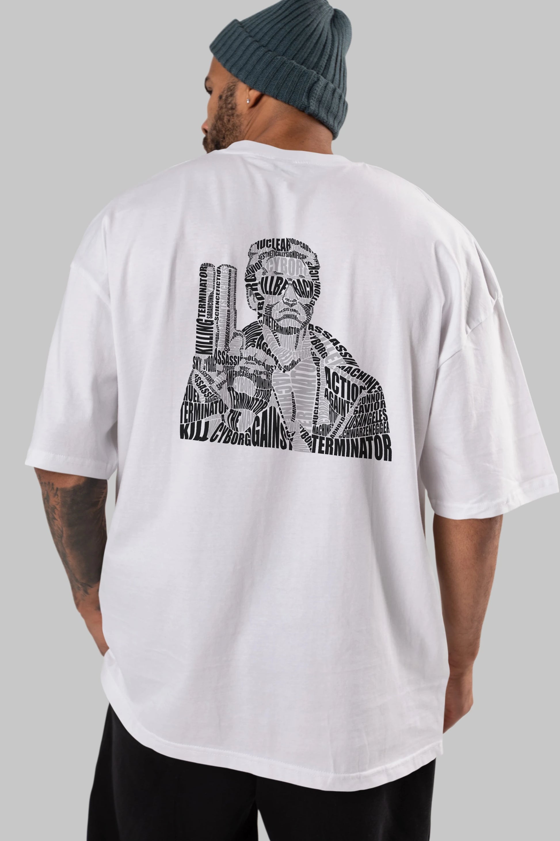 Terminator Calligram Arka Baskılı Oversize t-shirt %100 pamuk Erkek Kadın Unisex