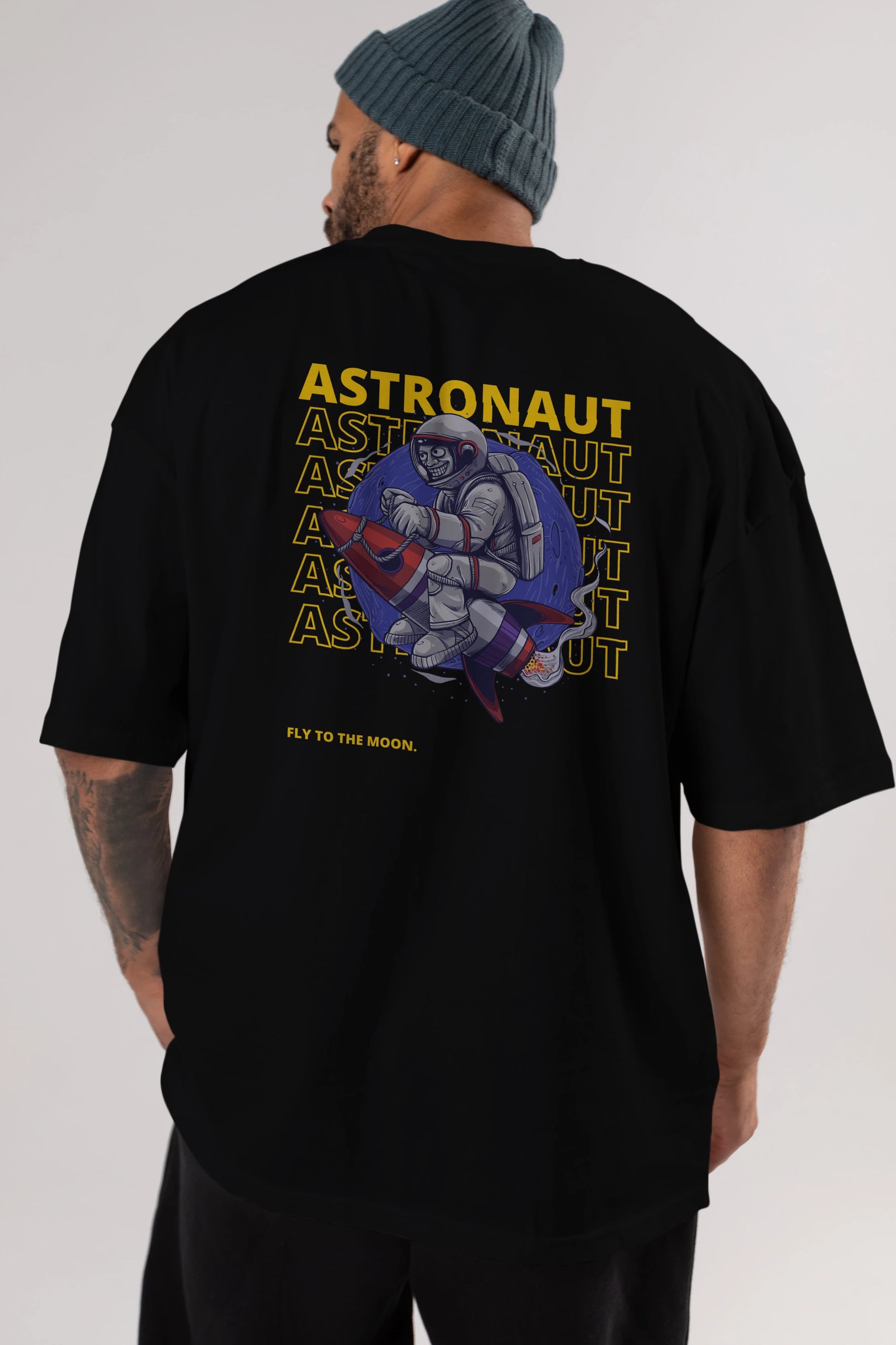 Astronaut Fly to the Moon Yazılı Arka Baskılı Oversize t-shirt Erkek Kadın Unisex