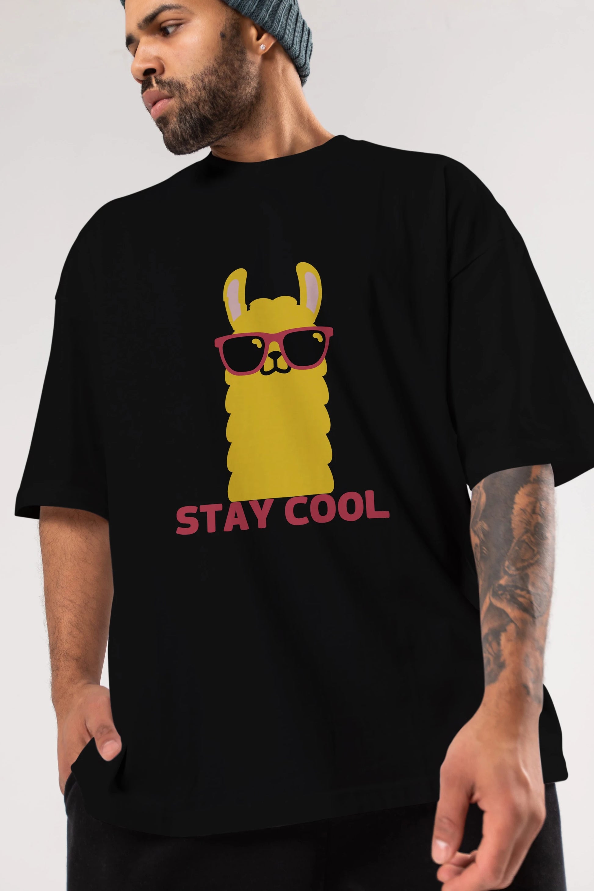Stay Cool Yazılı Lama Ön Baskılı Oversize t-shirt Erkek Kadın Unisex