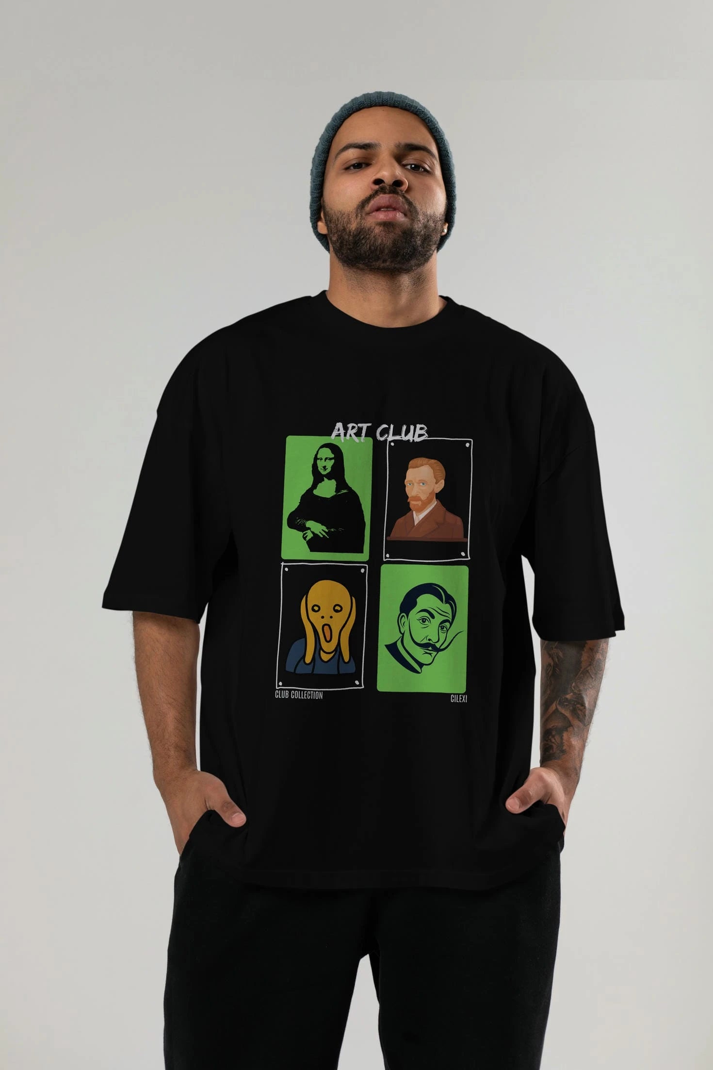 Art Club ön Baskılı Oversize t-shirt Erkek Kadın %100 Pamuk Bisiklet Yaka tişort