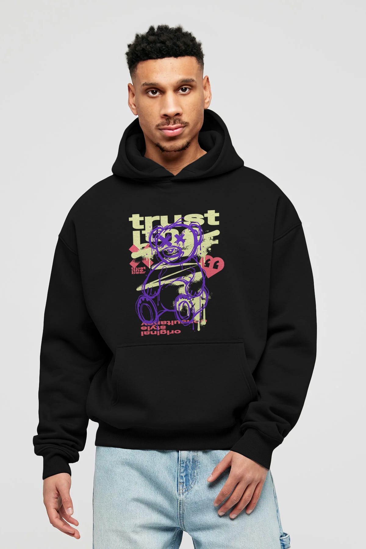 Trust The Bear 3 Ön Baskılı Hoodie Oversize Kapüşonlu Sweatshirt Erkek Kadın Unisex