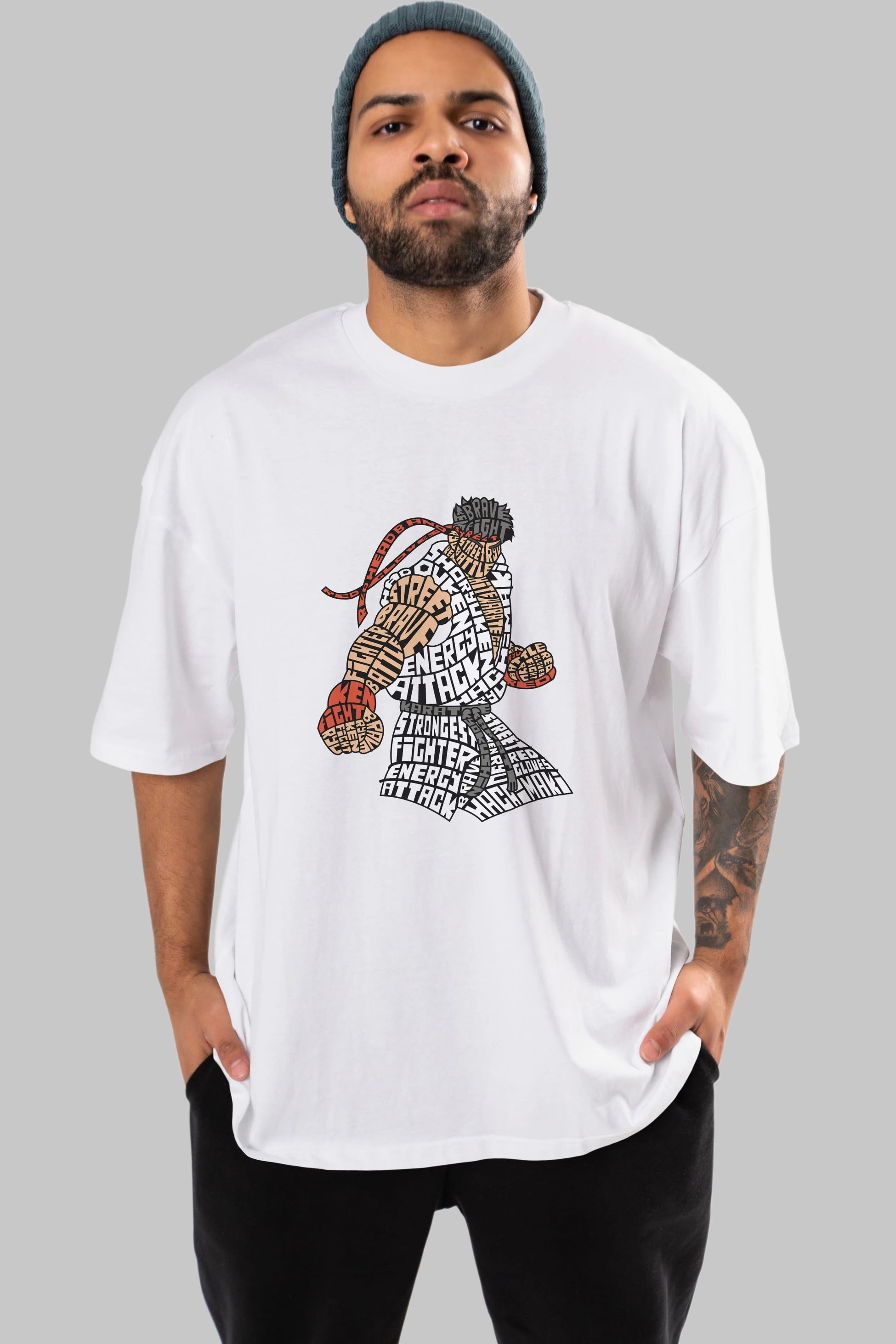 Hadouken Ön Baskılı Oversize t-shirt %100 pamuk Erkek Kadın Unisex
