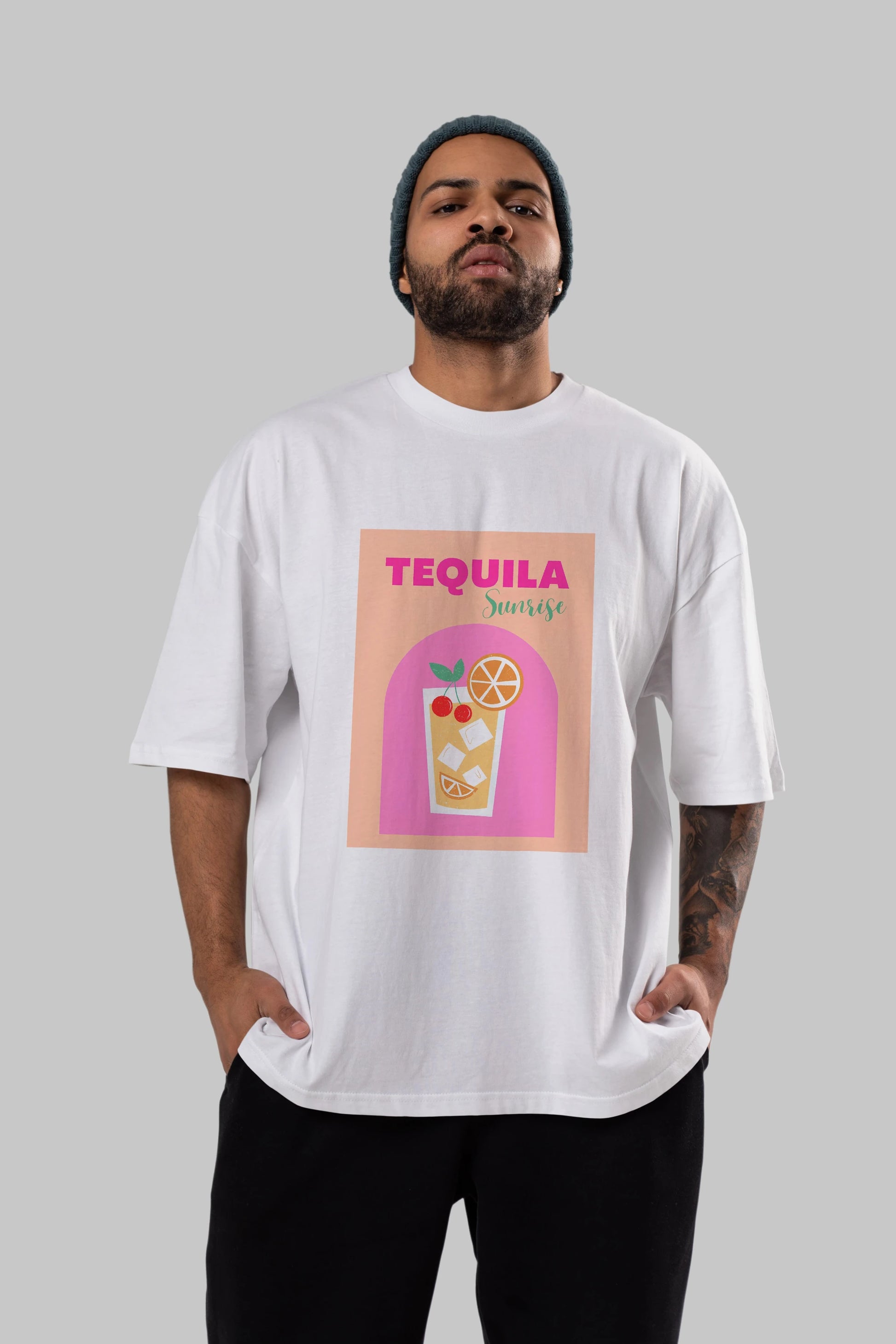 Tequila Sunrise 2 Ön Baskılı Oversize t-shirt Erkek Kadın Unisex %100 Pamuk Bisiklet Yaka tişort