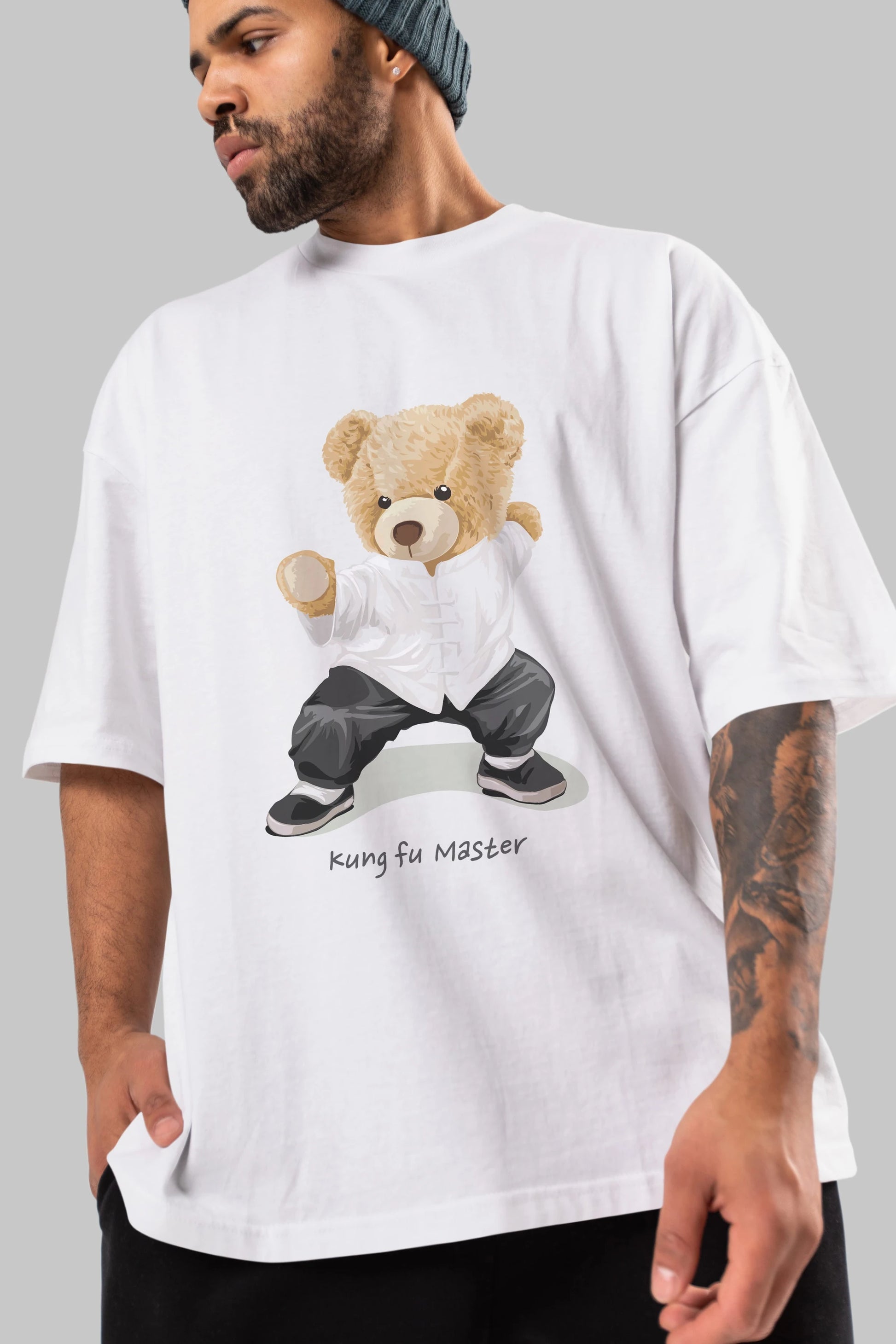 Teddy Bear Kung Fu Master Ön Baskılı Oversize t-shirt Erkek Kadın Unisex %100 Pamuk