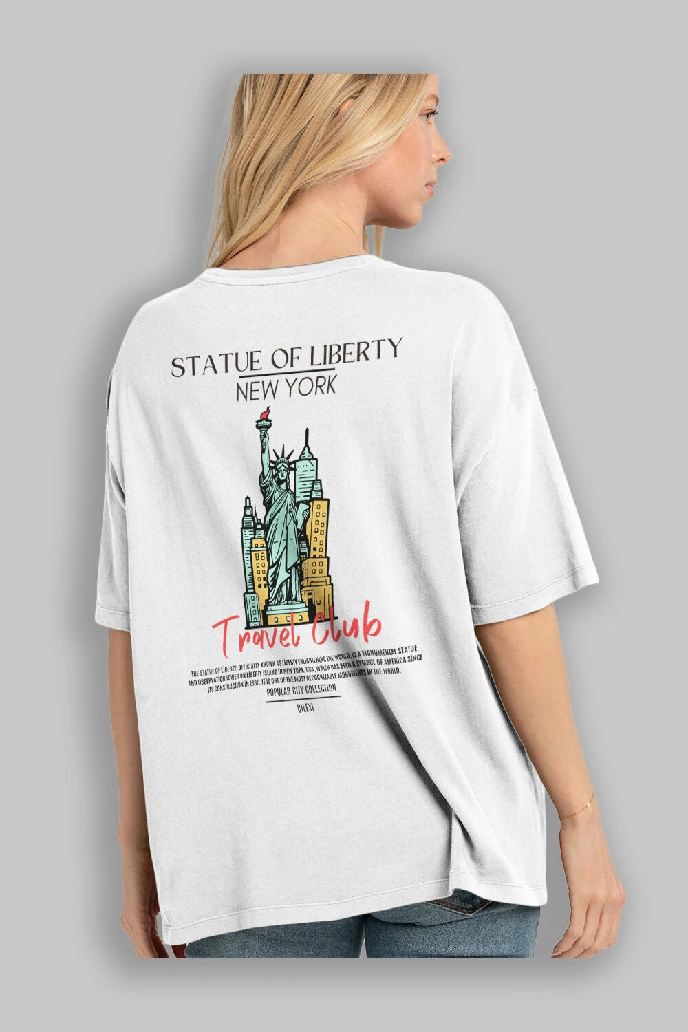 Statue Of Liberty New York Arka Baskılı Oversize t-shirt Erkek Kadın Pamuk Bisiklet Yaka tişort
