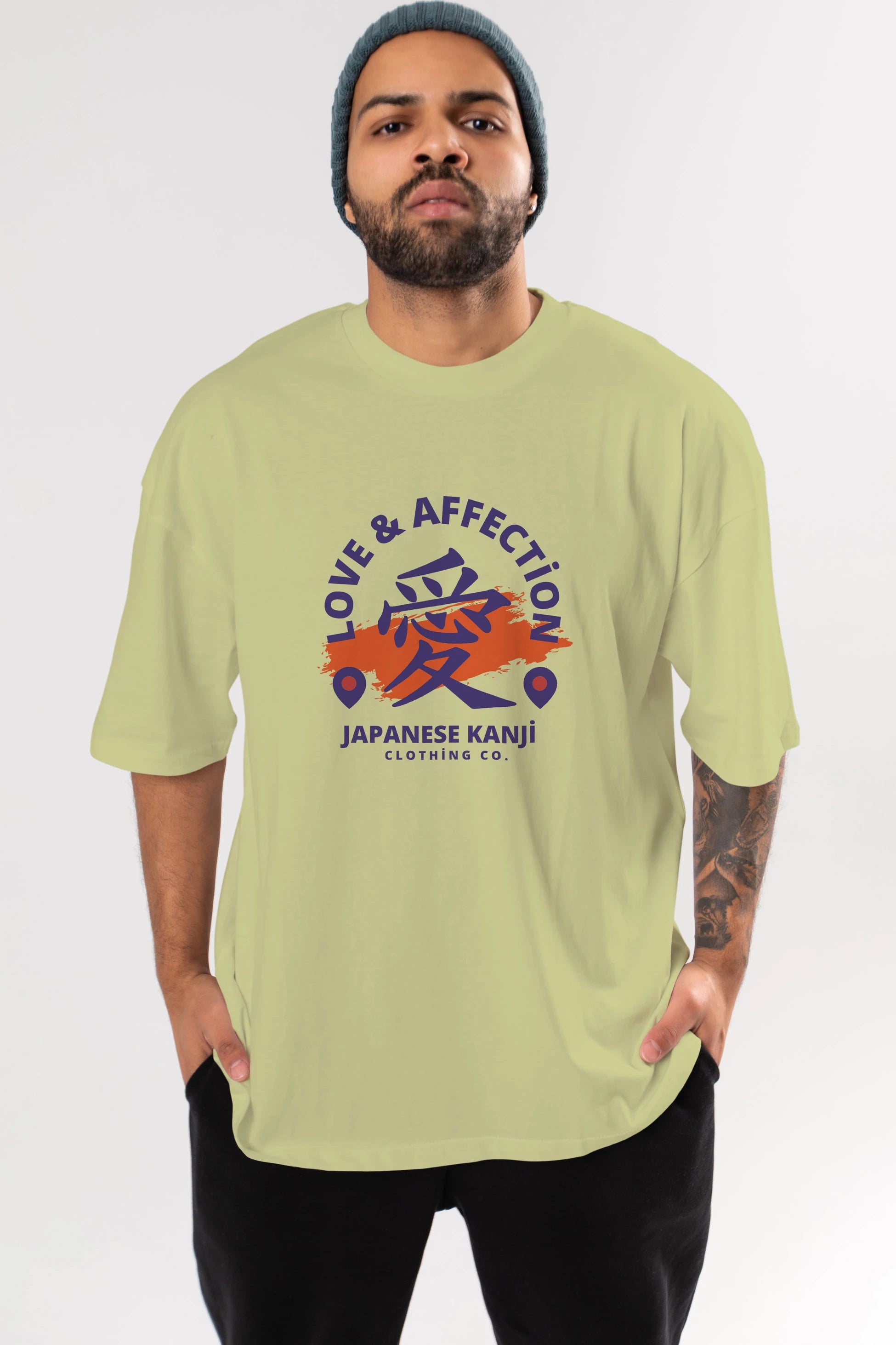 Love Affection Japanese Yazılı Ön Baskılı Oversize t-shirt Erkek Kadın Unisex