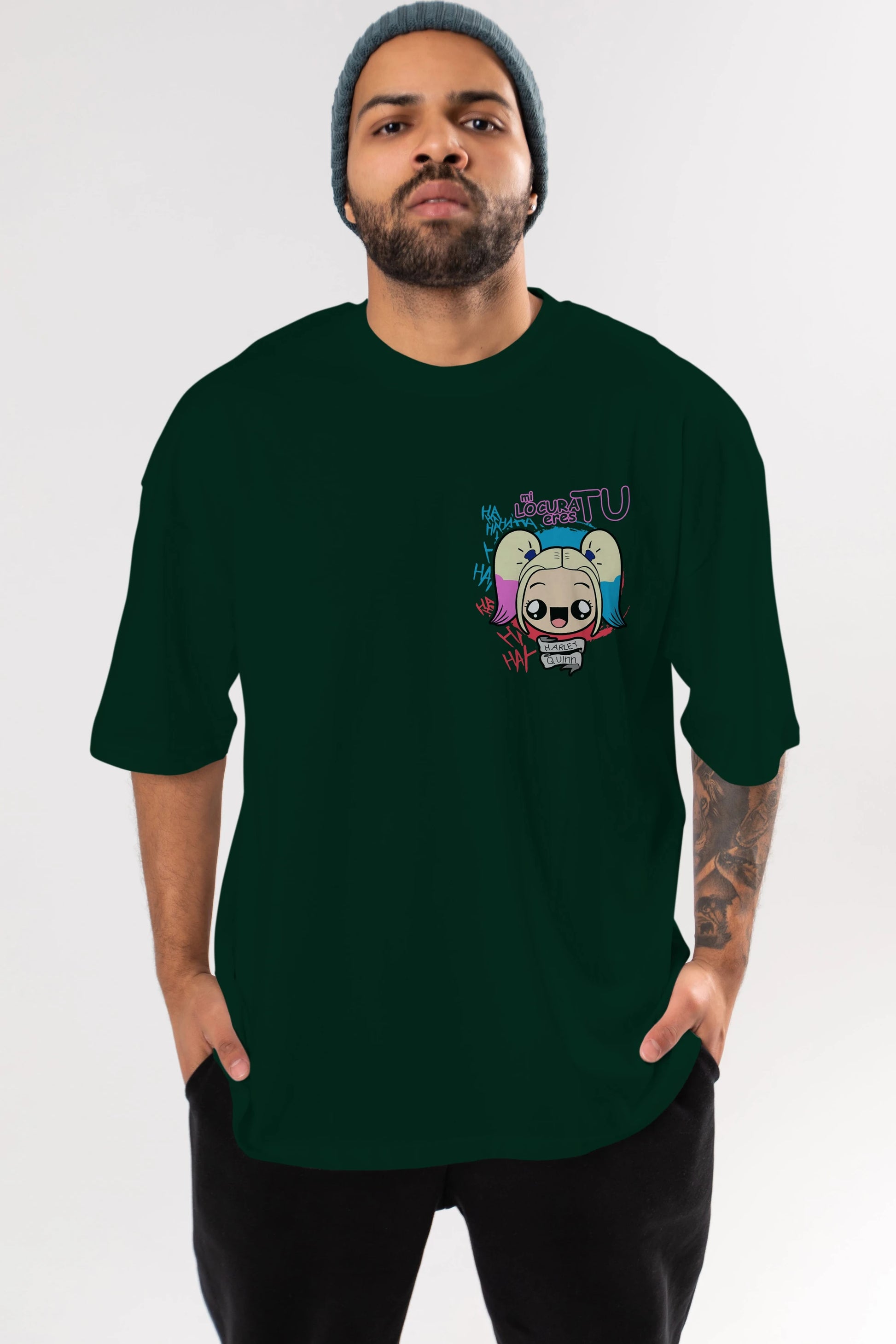 Harley Quinn Ön Sol Baskılı Oversize t-shirt Erkek Kadın Unisex %100 Pamuk Bisiklet Yaka tişort