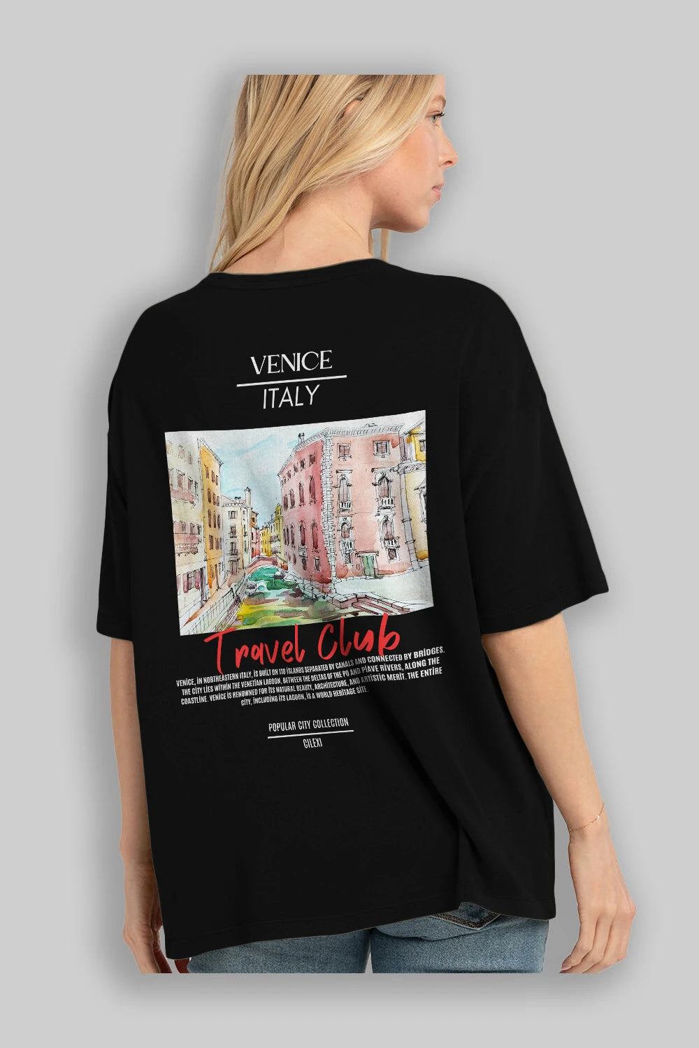 Venice İtaly Arka Baskılı Oversize t-shirt Erkek Kadın Pamuk Bisiklet Yaka tişort