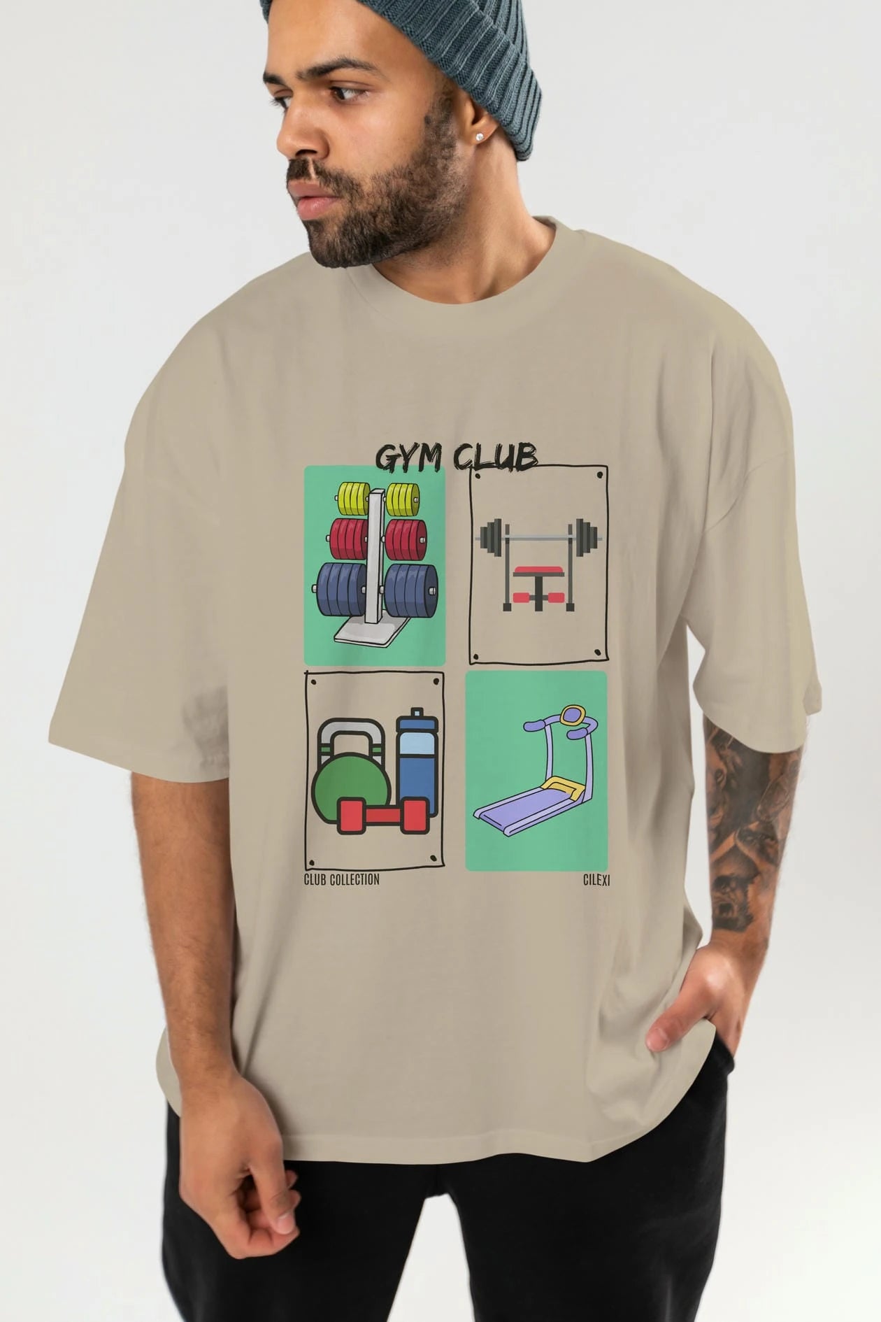 Gym Club ön Baskılı Oversize t-shirt Erkek Kadın %100 Pamuk Bisiklet Yaka tişort