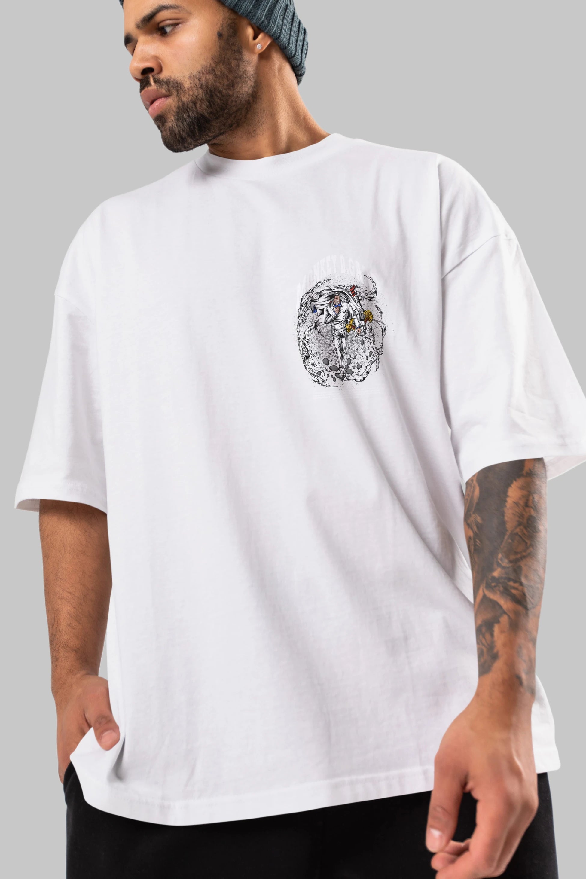 Monkey D. Garp Ön Sol Baskılı Oversize t-shirt Erkek Kadın Unisex %100 Pamuk Bisiklet Yaka tişort