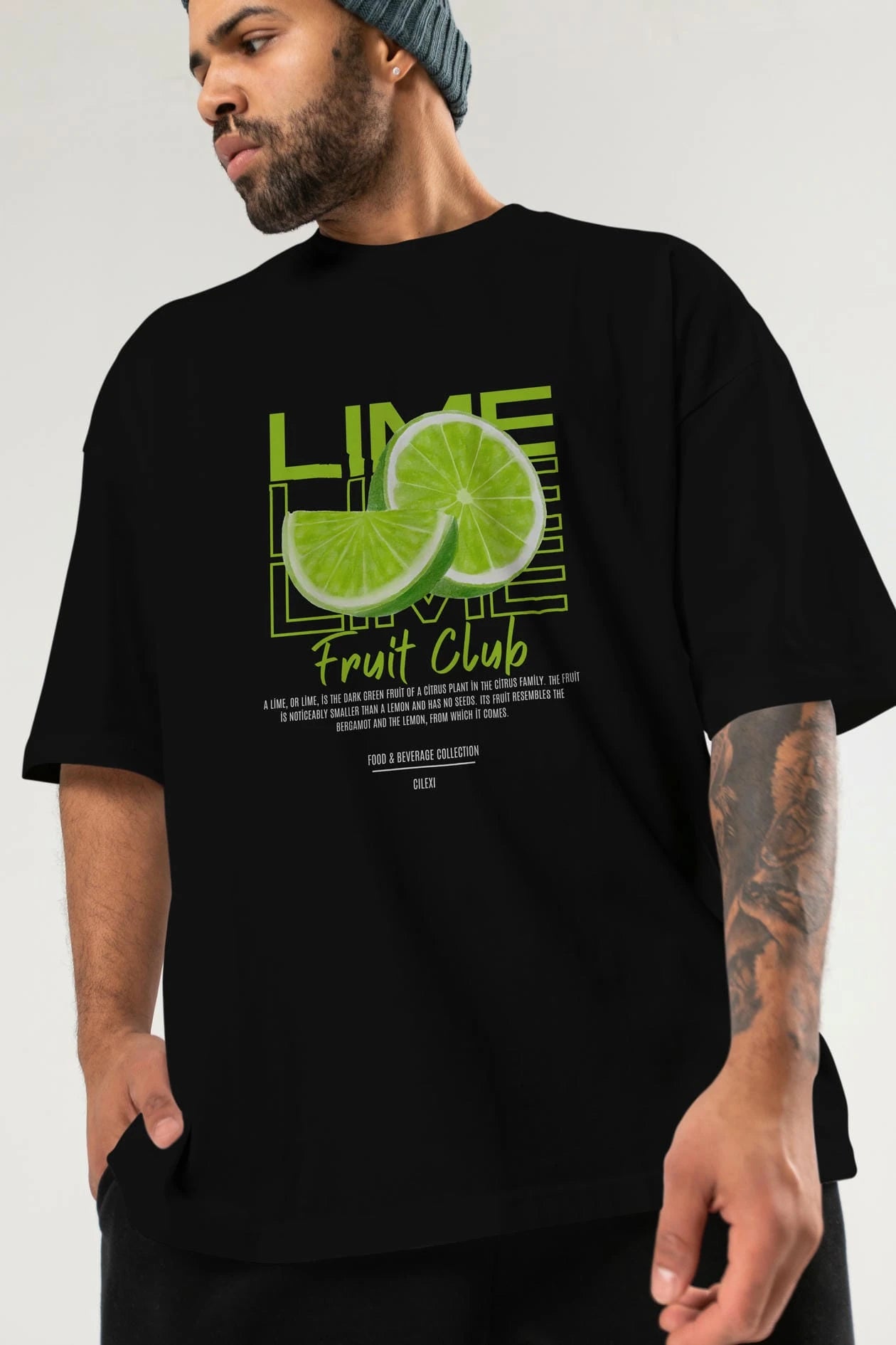 Lime Ön Baskılı Oversize t-shirt Erkek Kadın Pamuk Bisiklet Yaka tişort