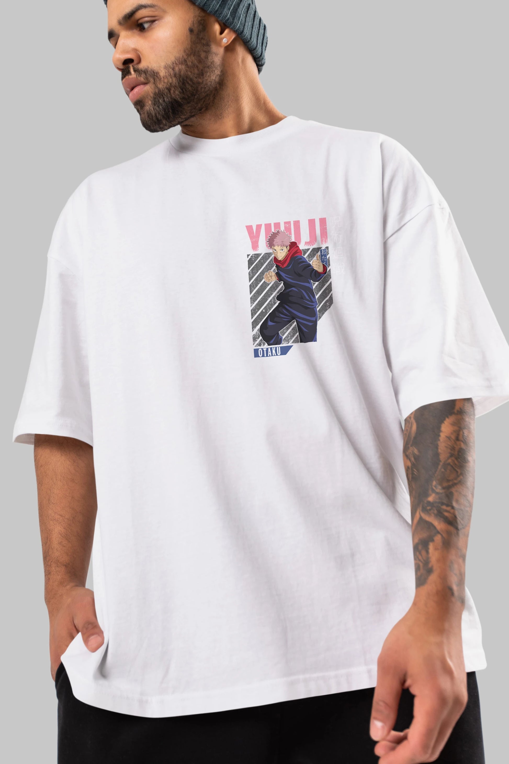 Yuuji Itadori Ön Sol Baskılı Oversize t-shirt Erkek Kadın Unisex %100 Pamuk Bisiklet Yaka tişort