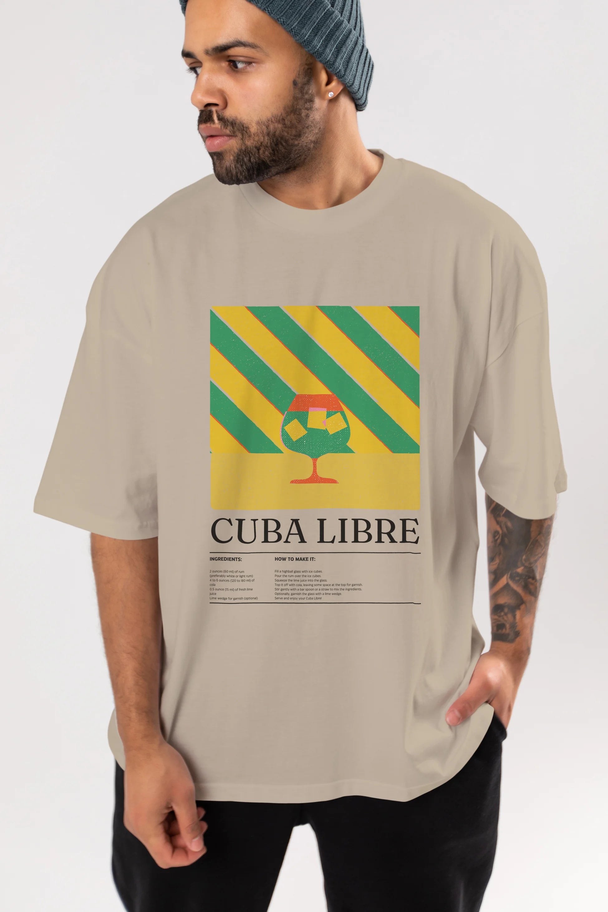 Cuba Libre Kokteyl Ön Baskılı Oversize t-shirt Erkek Kadın %100 Pamuk Bisiklet Yaka tişort