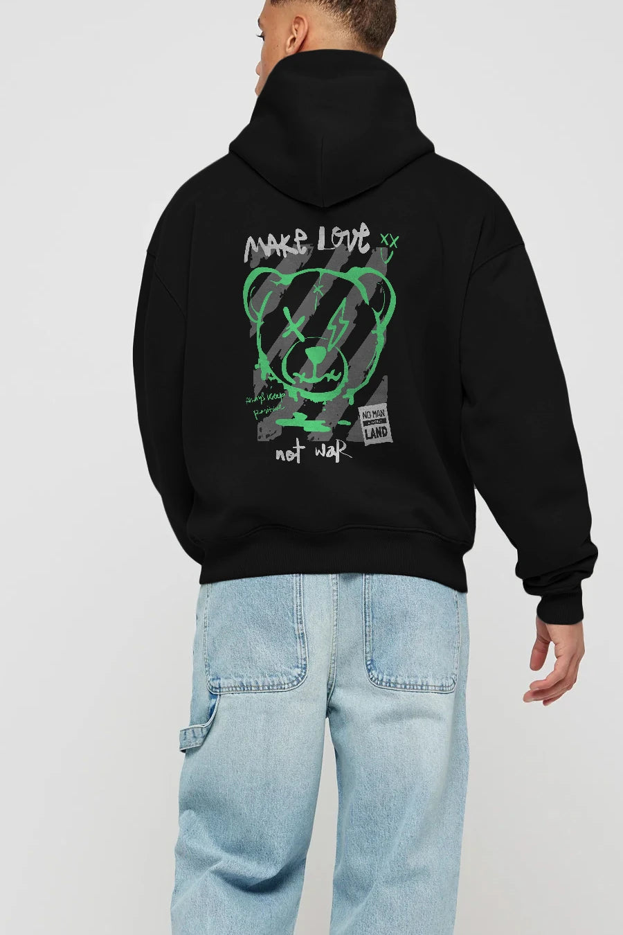 Make Love Bear Arka Baskılı Hoodie Oversize Kapüşonlu Sweatshirt Erkek Kadın Unisex