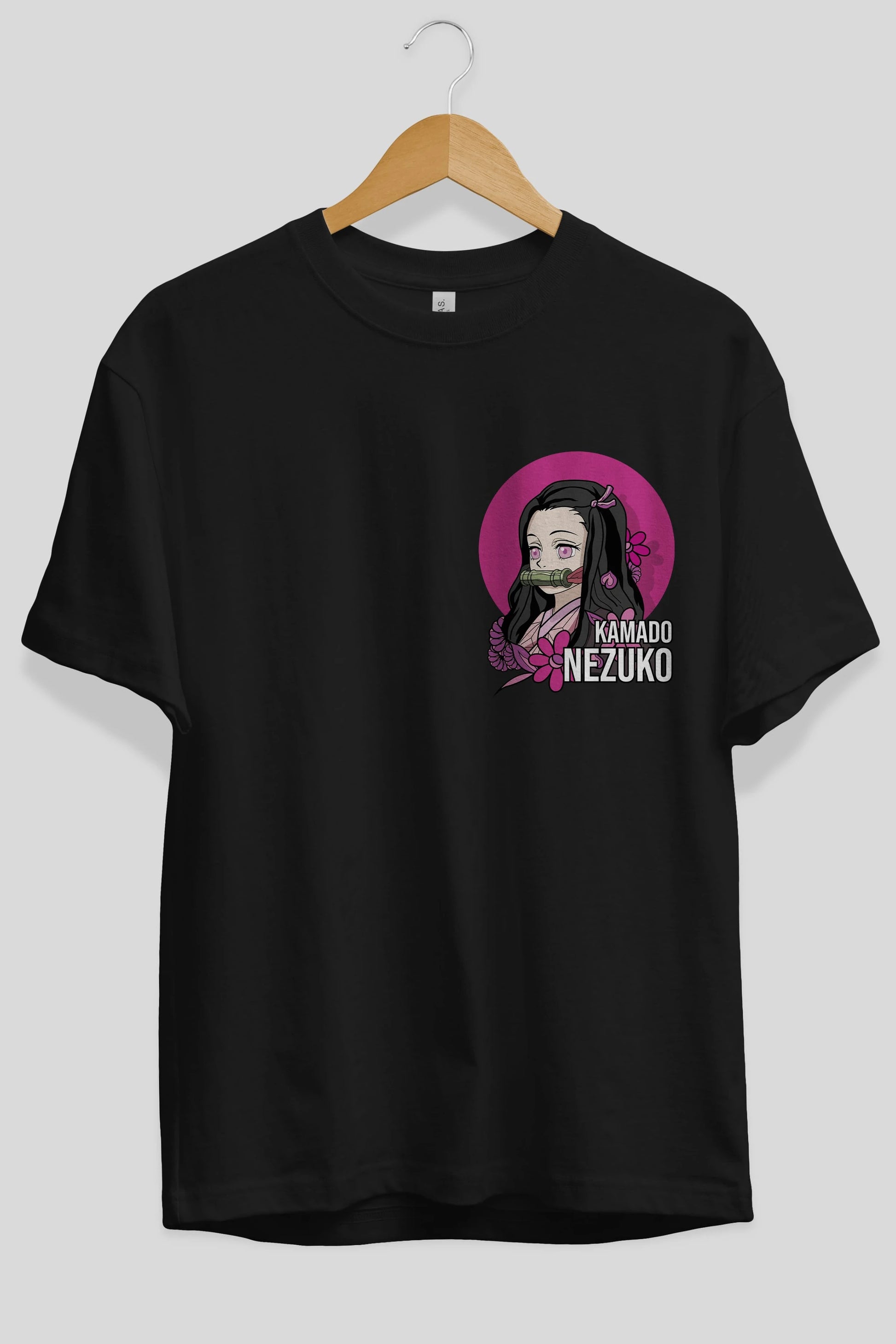 Nezuko Kamado 2 Ön Sol Baskılı Oversize t-shirt Erkek Kadın Unisex %100 Pamuk Bisiklet Yaka tişort