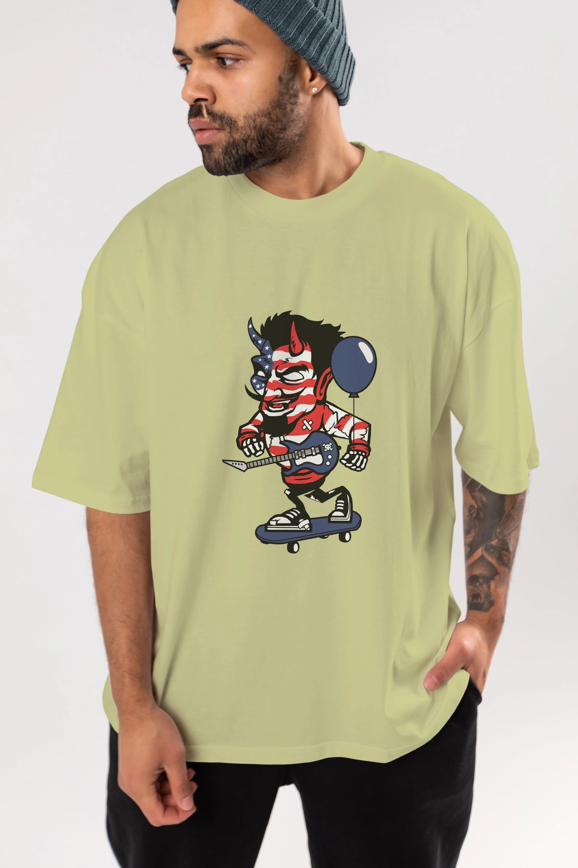 American Devil Skater Ön Baskılı Oversize t-shirt Erkek Kadın Unisex %100 Pamuk tişort
