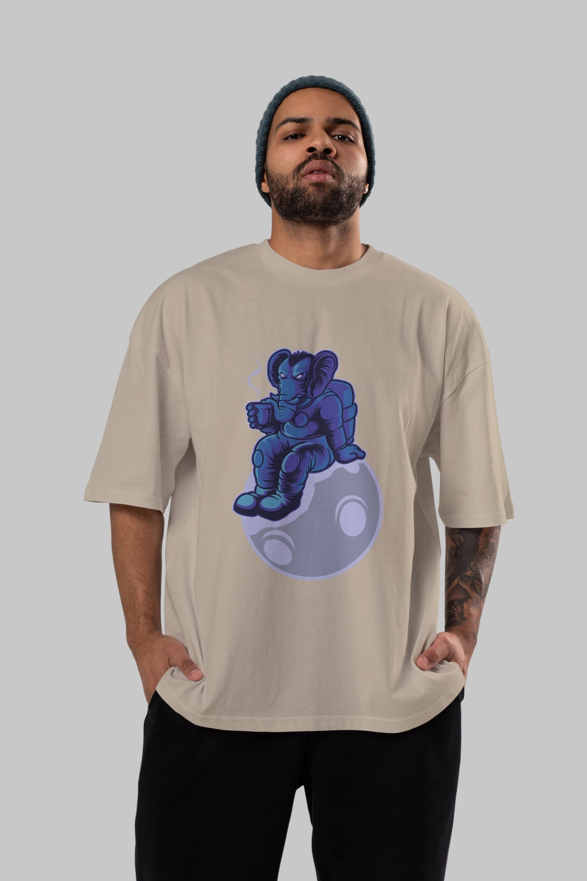 Space Elephant Drink Coffee Ön Baskılı Oversize t-shirt Erkek Kadın Unisex