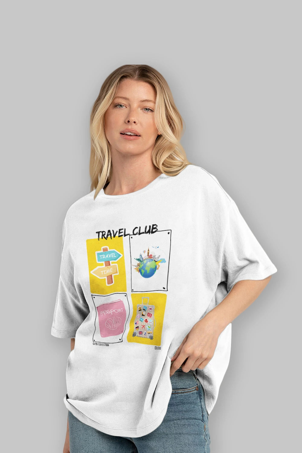Travel Club ön Baskılı Oversize t-shirt Erkek Kadın %100 Pamuk Bisiklet Yaka tişort
