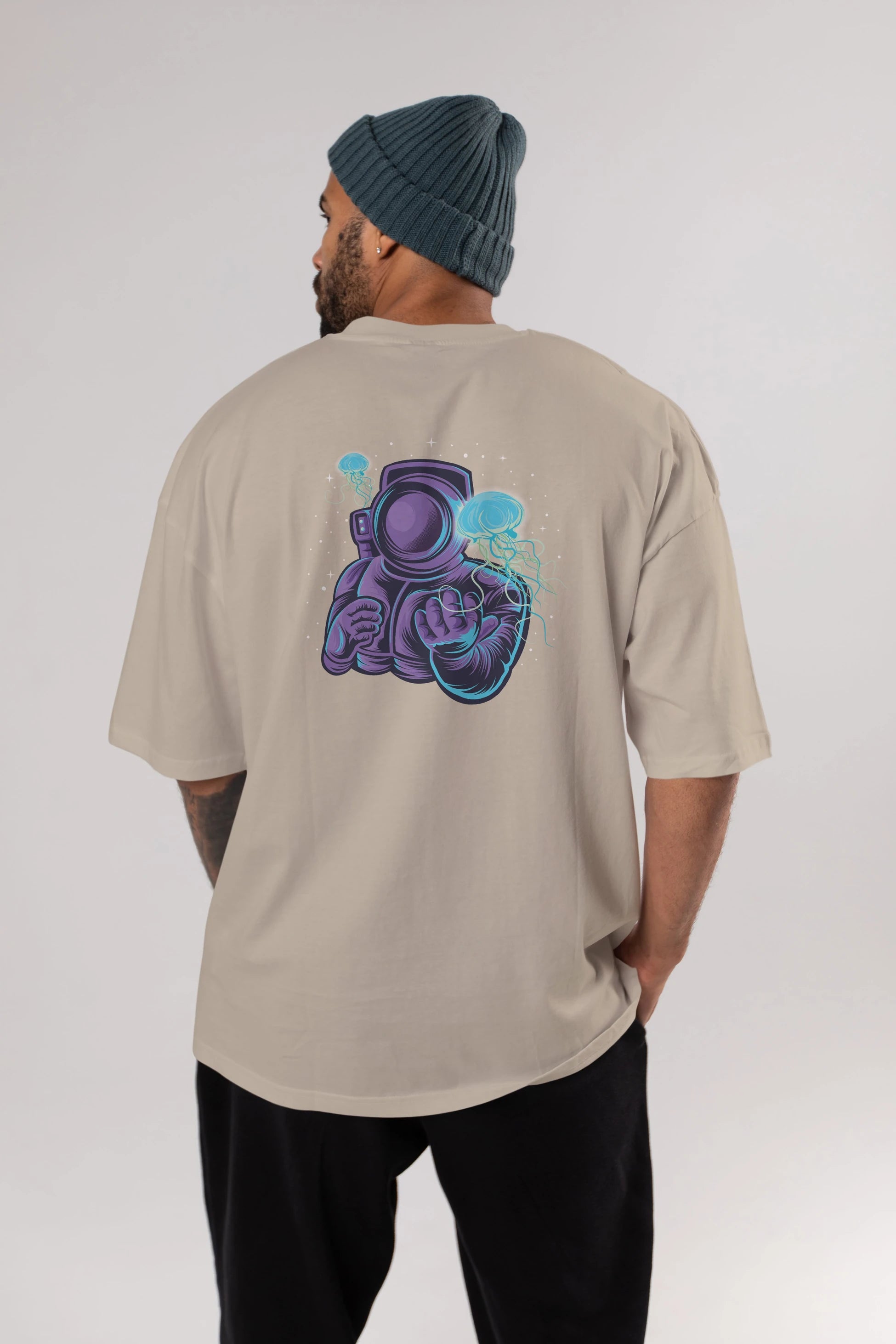 Astronaut and Jellyfish Arka Baskılı Oversize t-shirt Erkek Kadın Unisex
