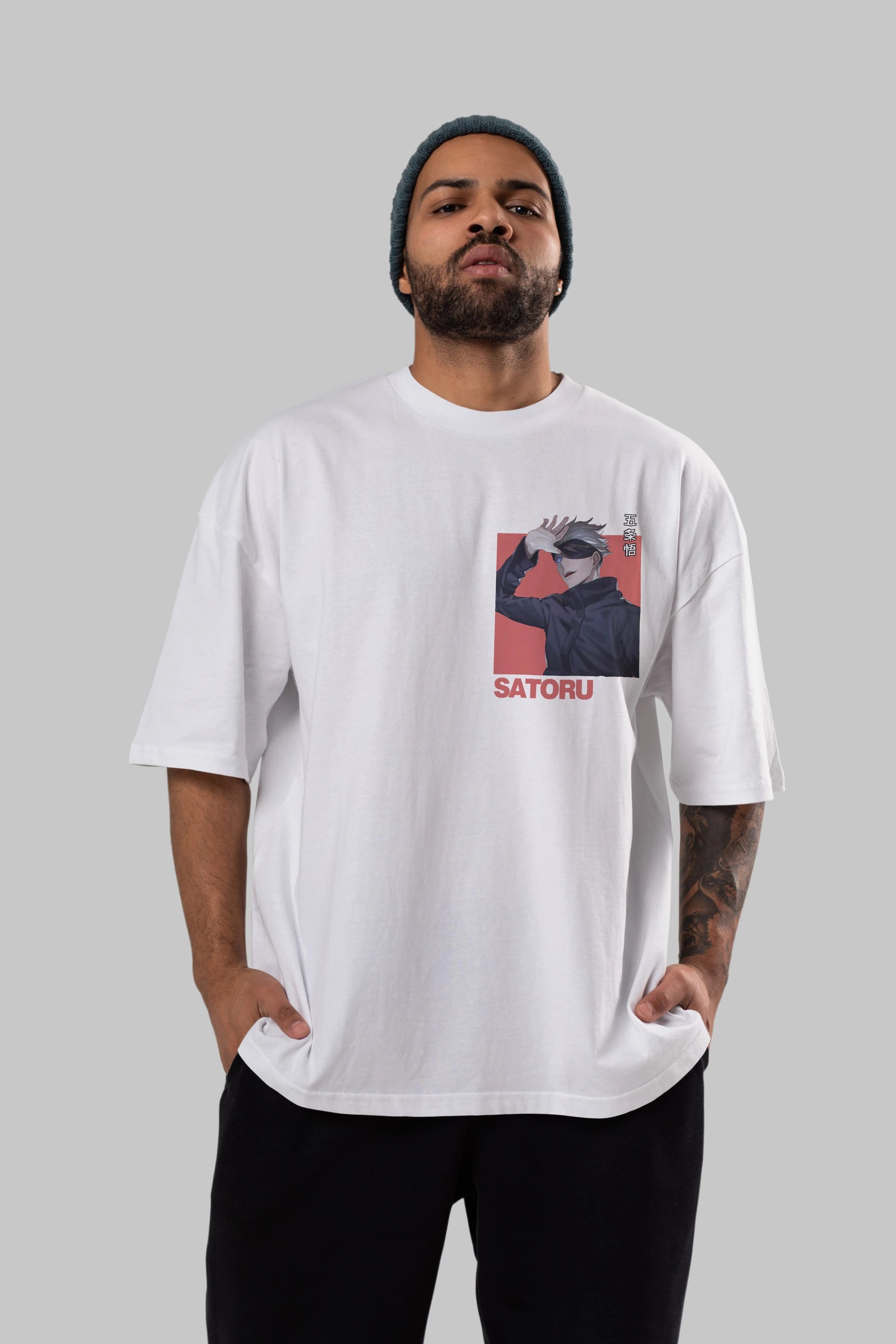 SATORU GOJO 2 Ön Sol Baskılı Oversize t-shirt Erkek Kadın Unisex %100 Pamuk Bisiklet Yaka tişort