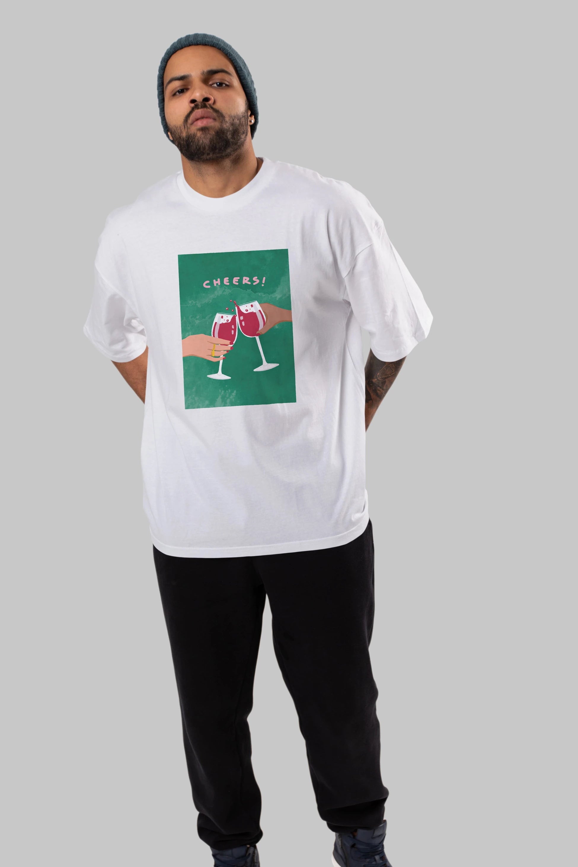 Cheers Ön Baskılı Oversize t-shirt Erkek Kadın Unisex %100 Pamuk Bisiklet Yaka tişort