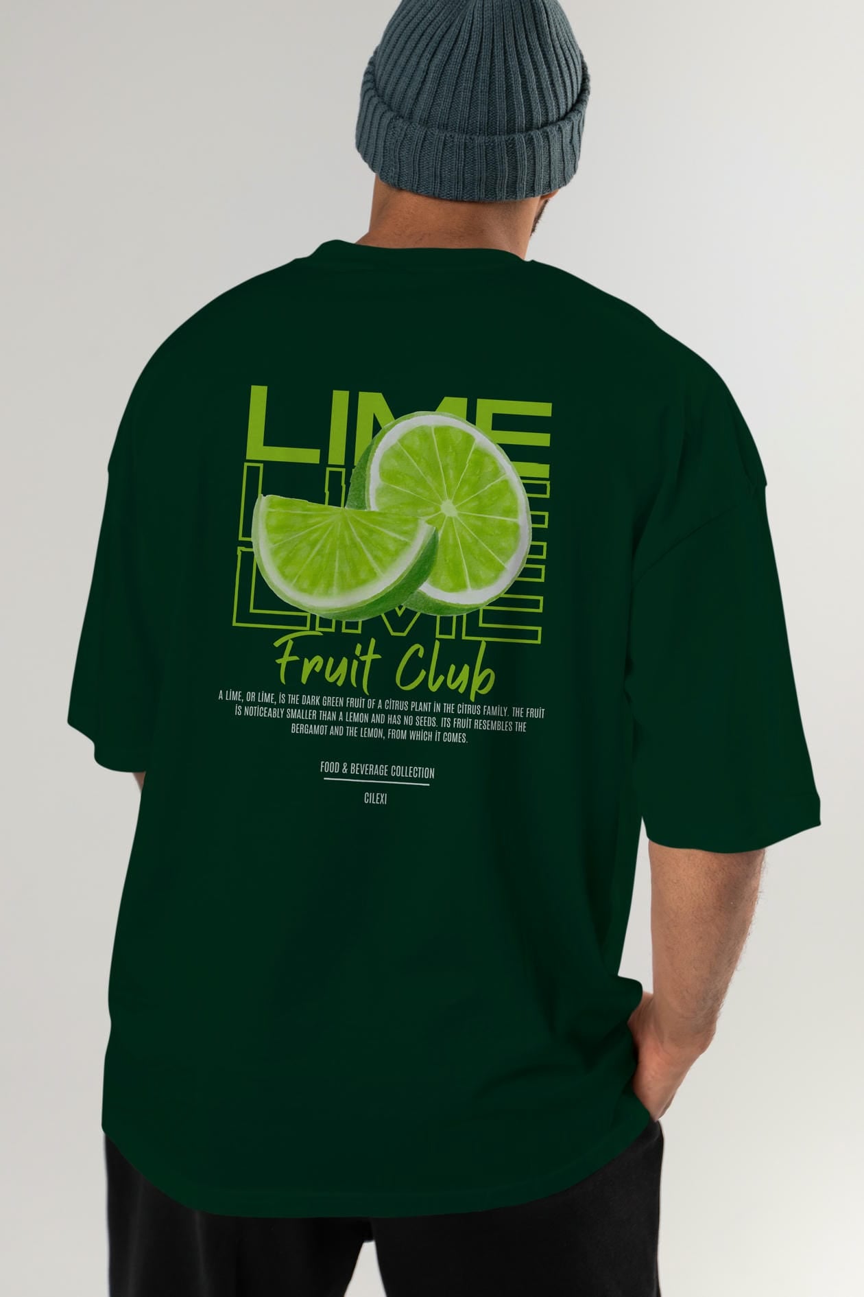 Lime Arka Baskılı Oversize t-shirt Erkek Kadın Pamuk Bisiklet Yaka tişort