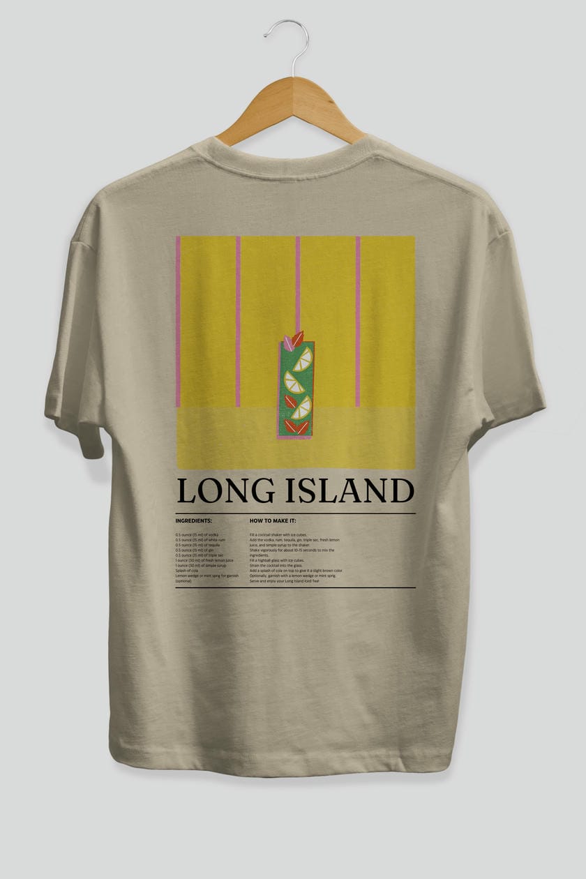 Long Island Kokteyl Serisi Arka Baskılı Oversize t-shirt Erkek Kadın %100 Pamuk Bisiklet Yaka tişort