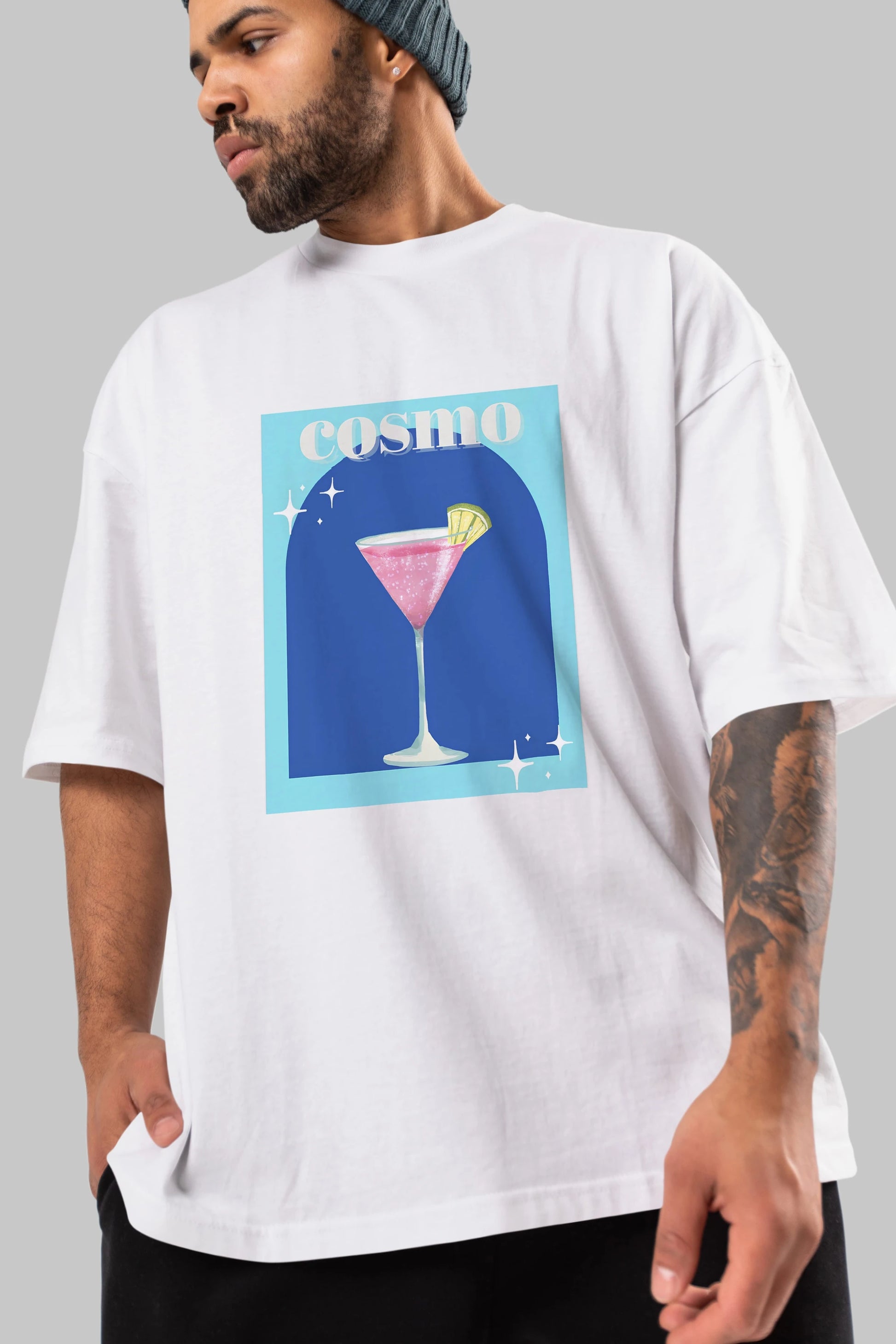 Cosmopolitan 2 Ön Baskılı Oversize t-shirt Erkek Kadın Unisex %100 Pamuk Bisiklet Yaka tişort