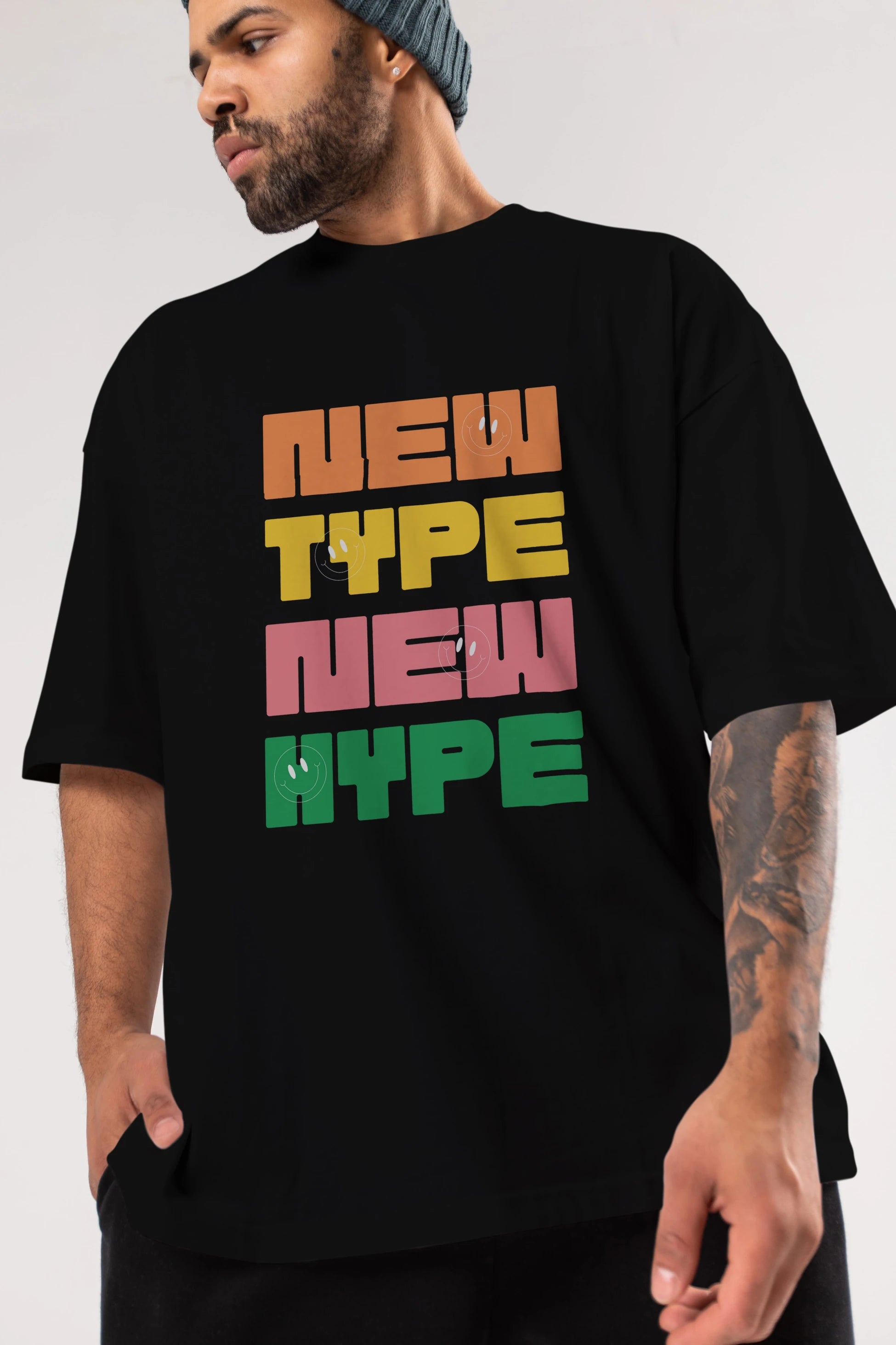 New Type New Hype Yazılı Ön Baskılı Oversize t-shirt Erkek Kadın Unisex