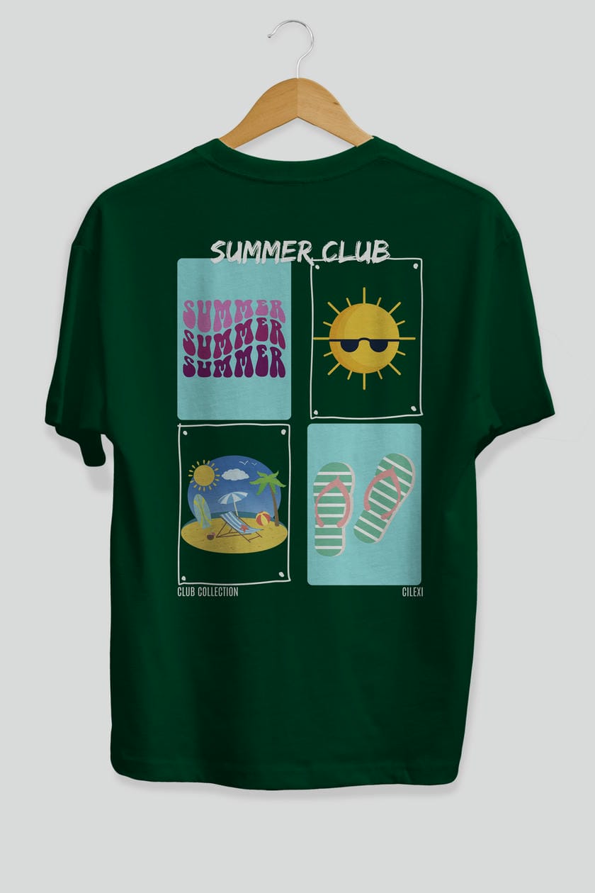Summer Club Arka Baskılı Oversize t-shirt Erkek Kadın %100 Pamuk Bisiklet Yaka tişort