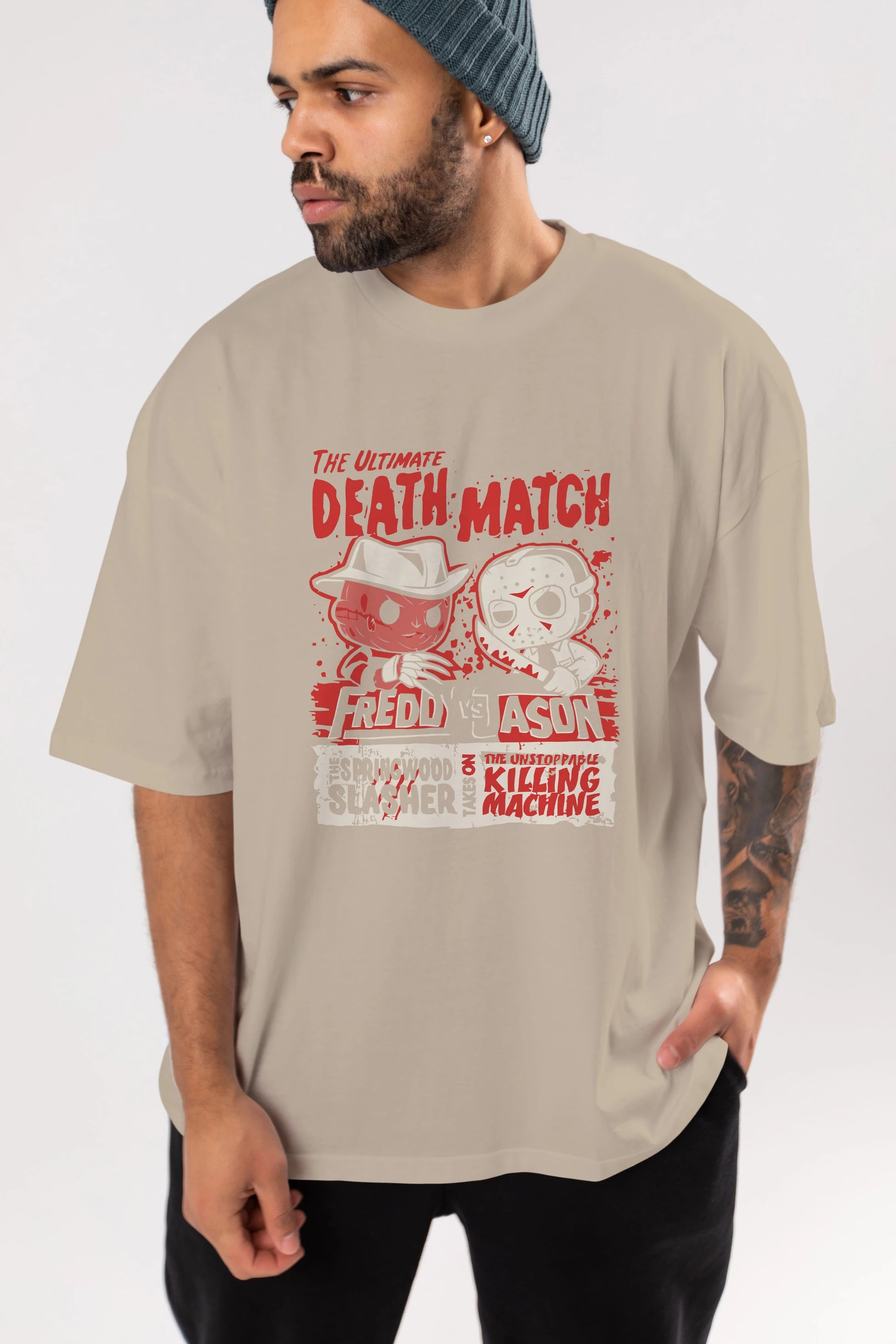 Freddy vs Jason Ön Baskılı Oversize t-shirt Erkek Kadın Unisex %100 Pamuk Bisiklet Yaka tişort