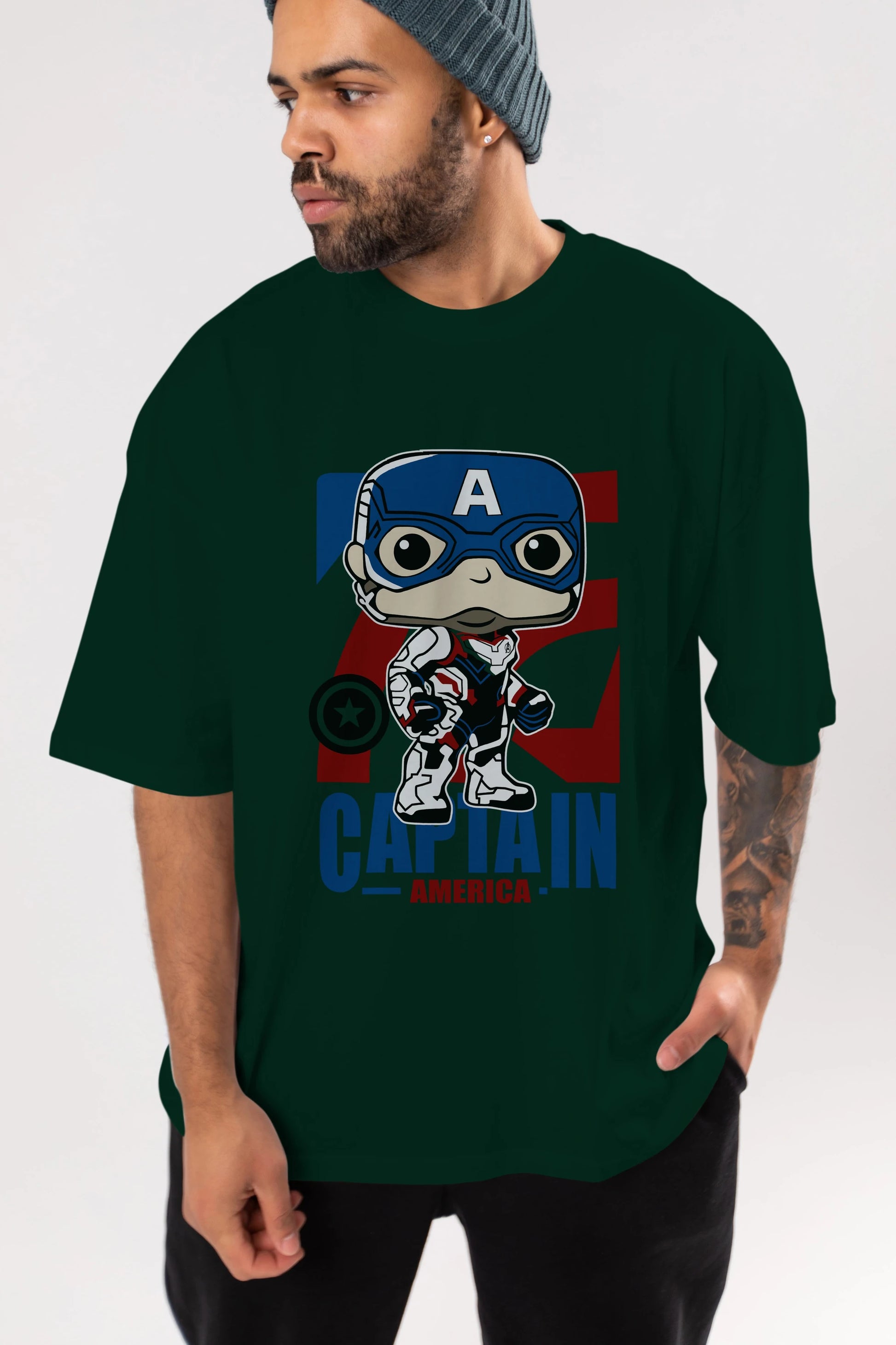 Captain America Ön Baskılı Oversize t-shirt Erkek Kadın Unisex %100 Pamuk Bisiklet Yaka tişort