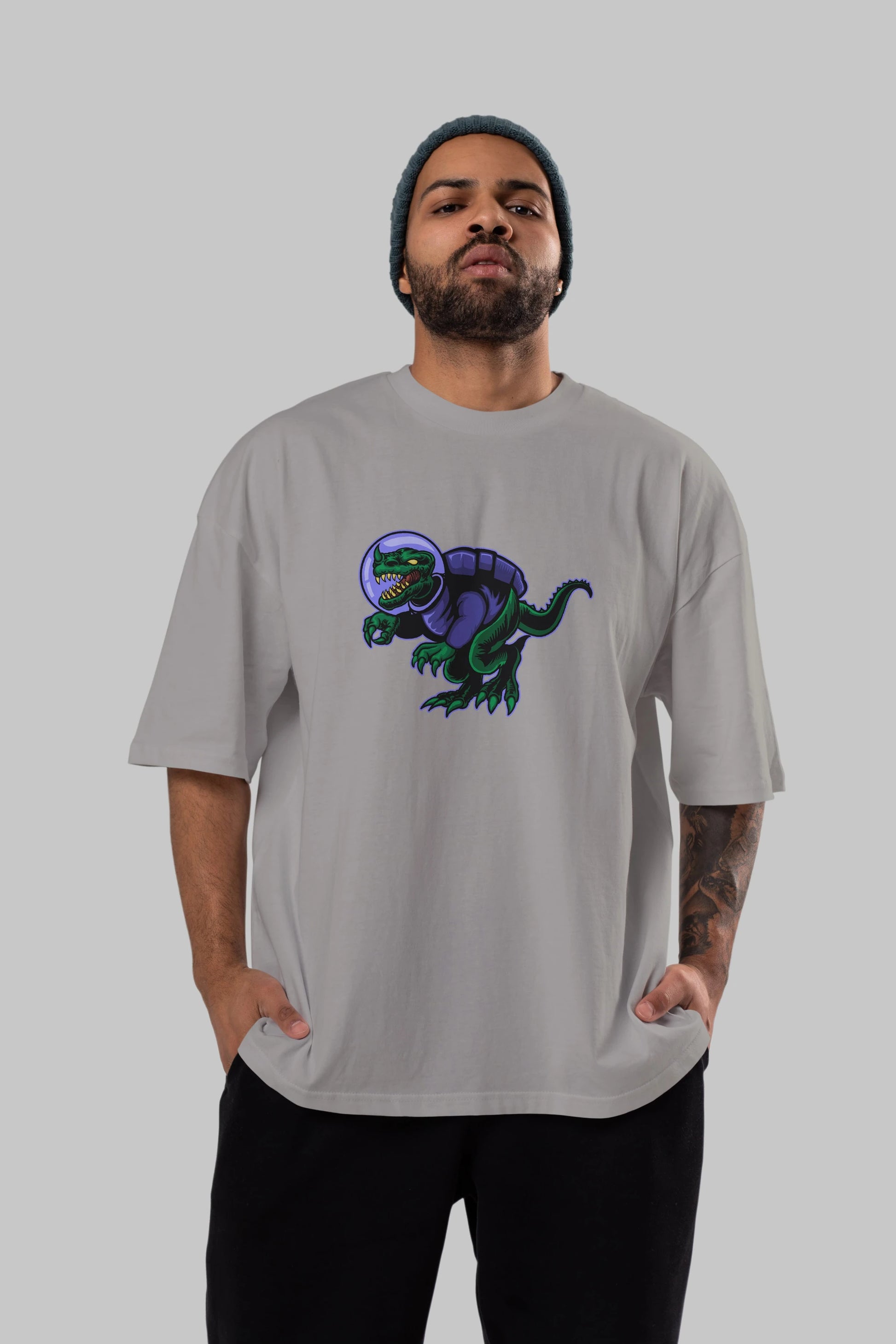 Space Dino Ön Baskılı Oversize t-shirt Erkek Kadın Unisex