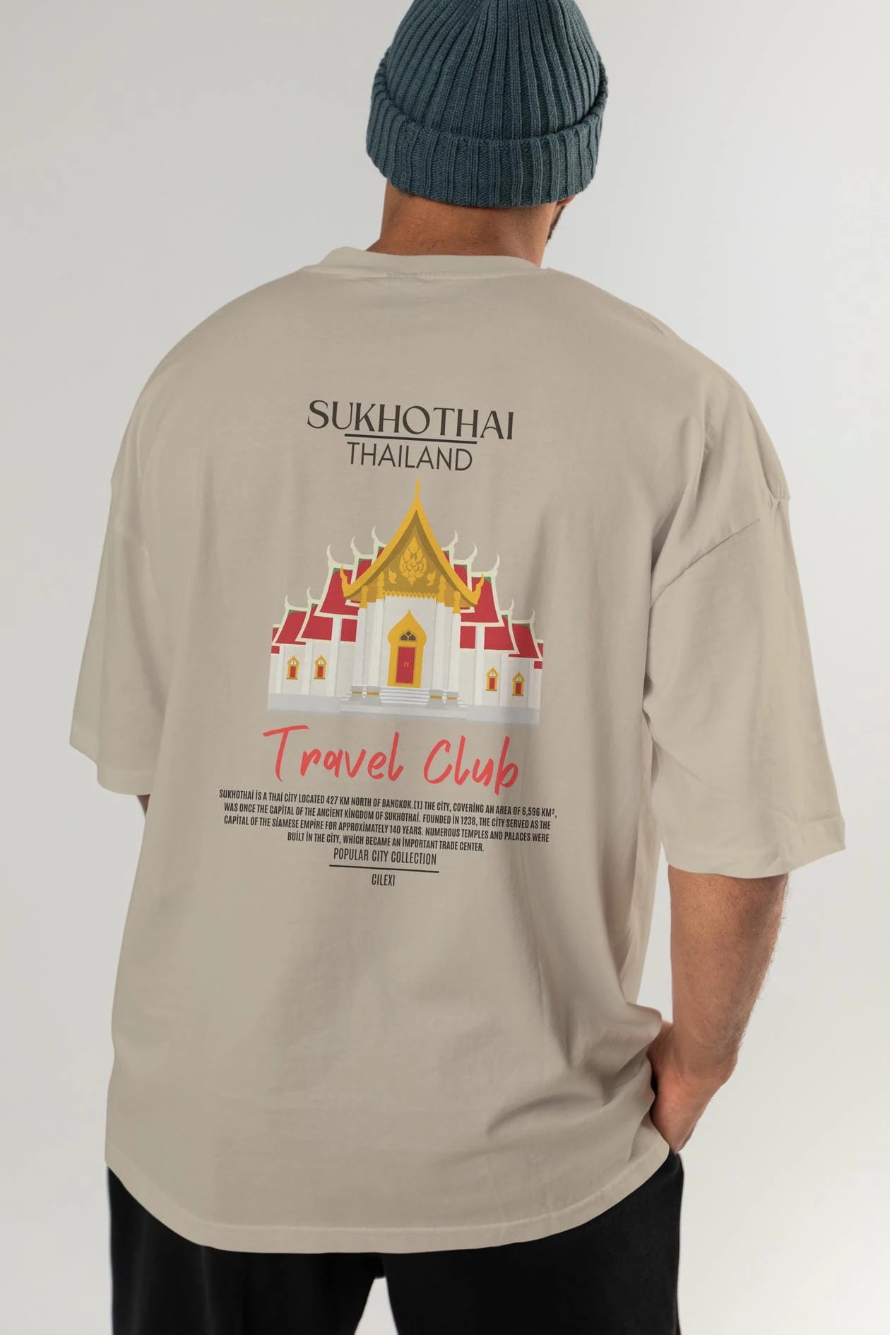 Sukhothai Thailand Arka Baskılı Oversize t-shirt Erkek Kadın Pamuk Bisiklet Yaka tişort