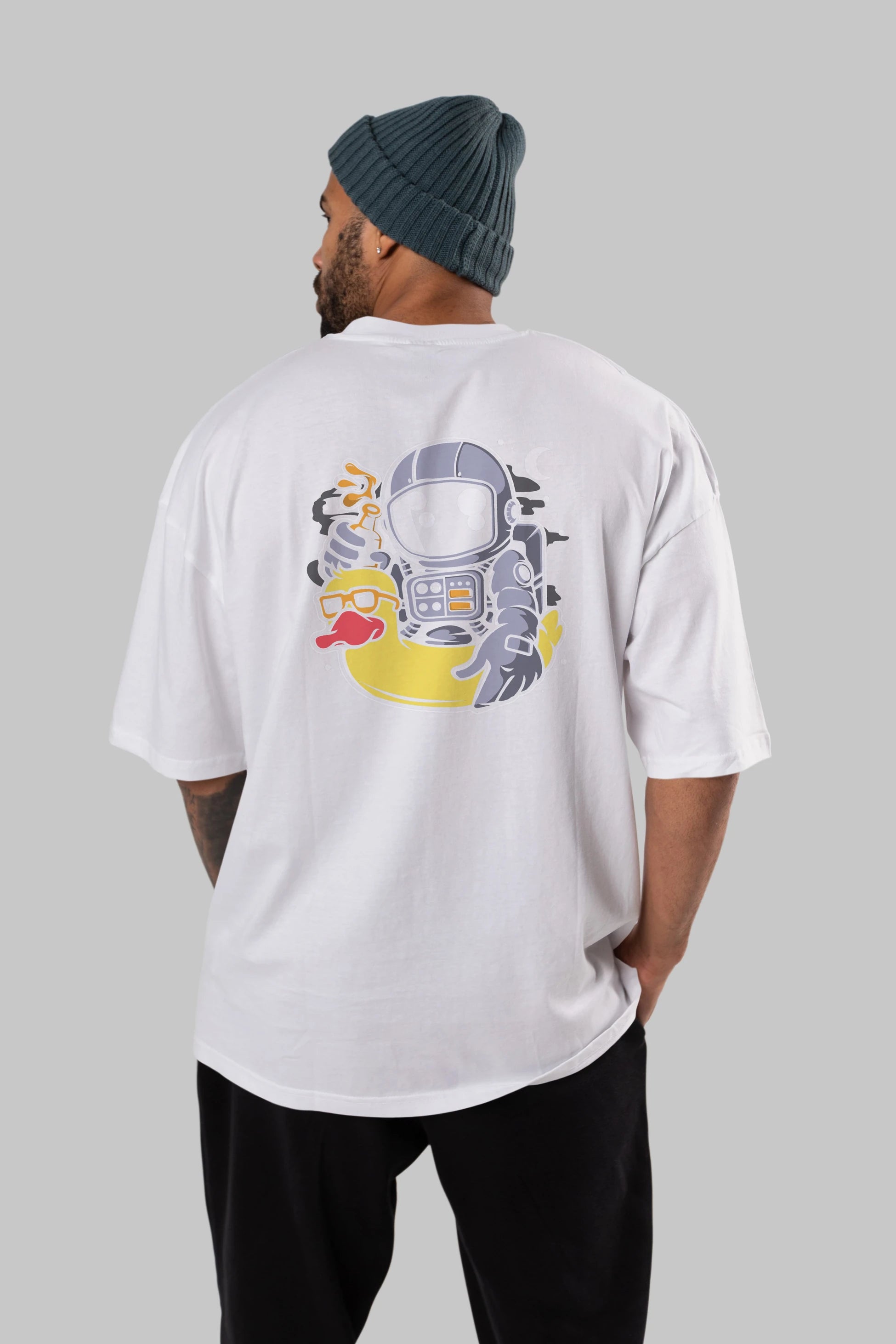 Astronaut Duck Balloon Arka Baskılı Oversize t-shirt Erkek Kadın Unisex