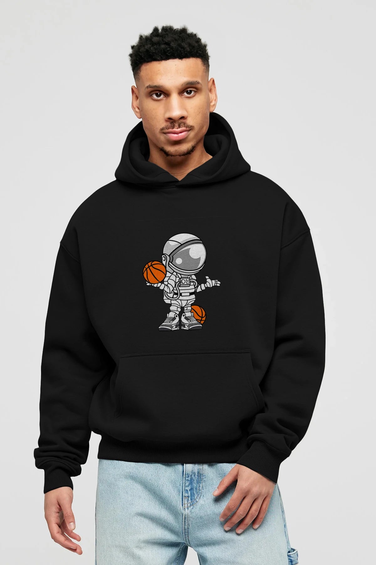 Astronaut Basketball Player Ön Baskılı Hoodie Oversize Kapüşonlu Sweatshirt Erkek Kadın Unisex