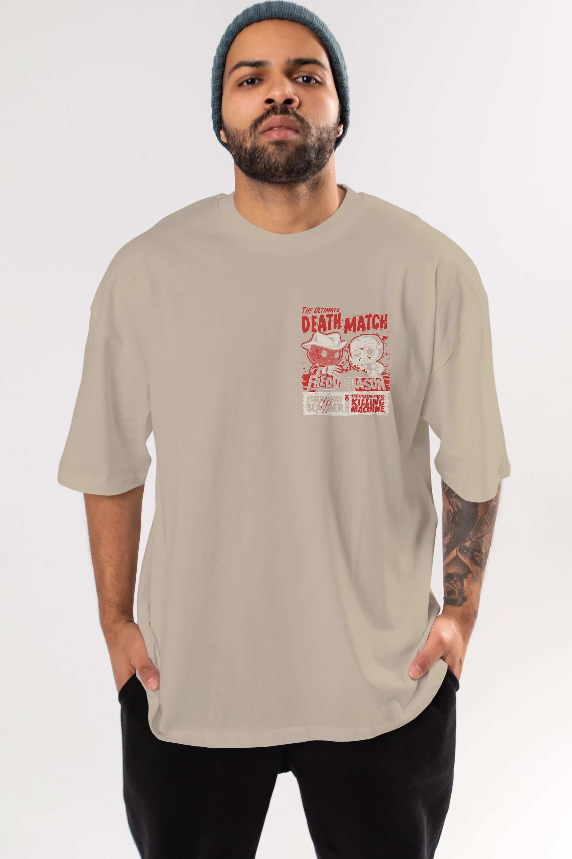 Freddy vs Jason Ön Sol Baskılı Oversize t-shirt Erkek Kadın Unisex %100 Pamuk Bisiklet Yaka tişort