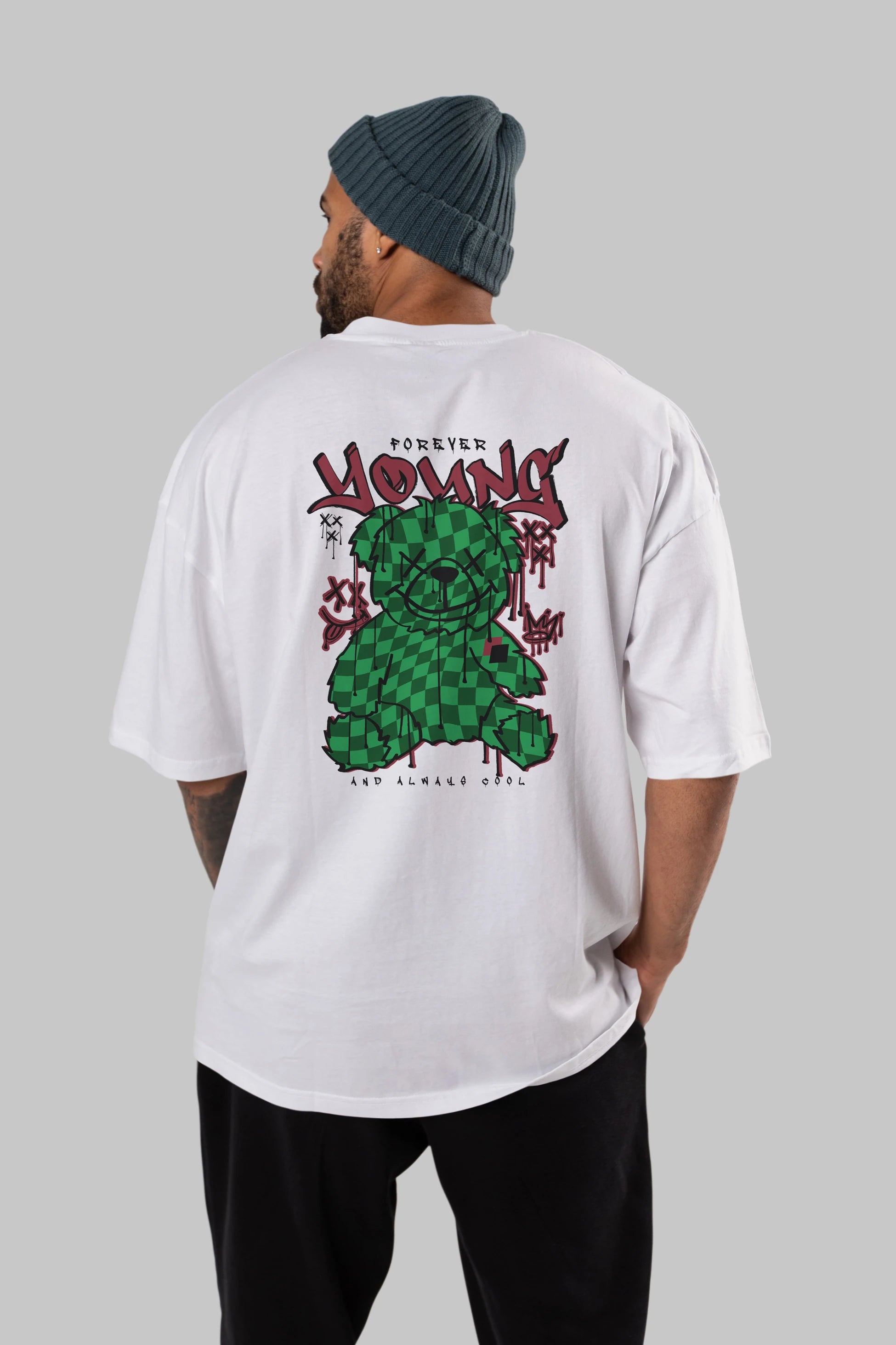 Young and Always Cool Bear Arka Baskılı Oversize t-shirt Erkek Kadın Unisex