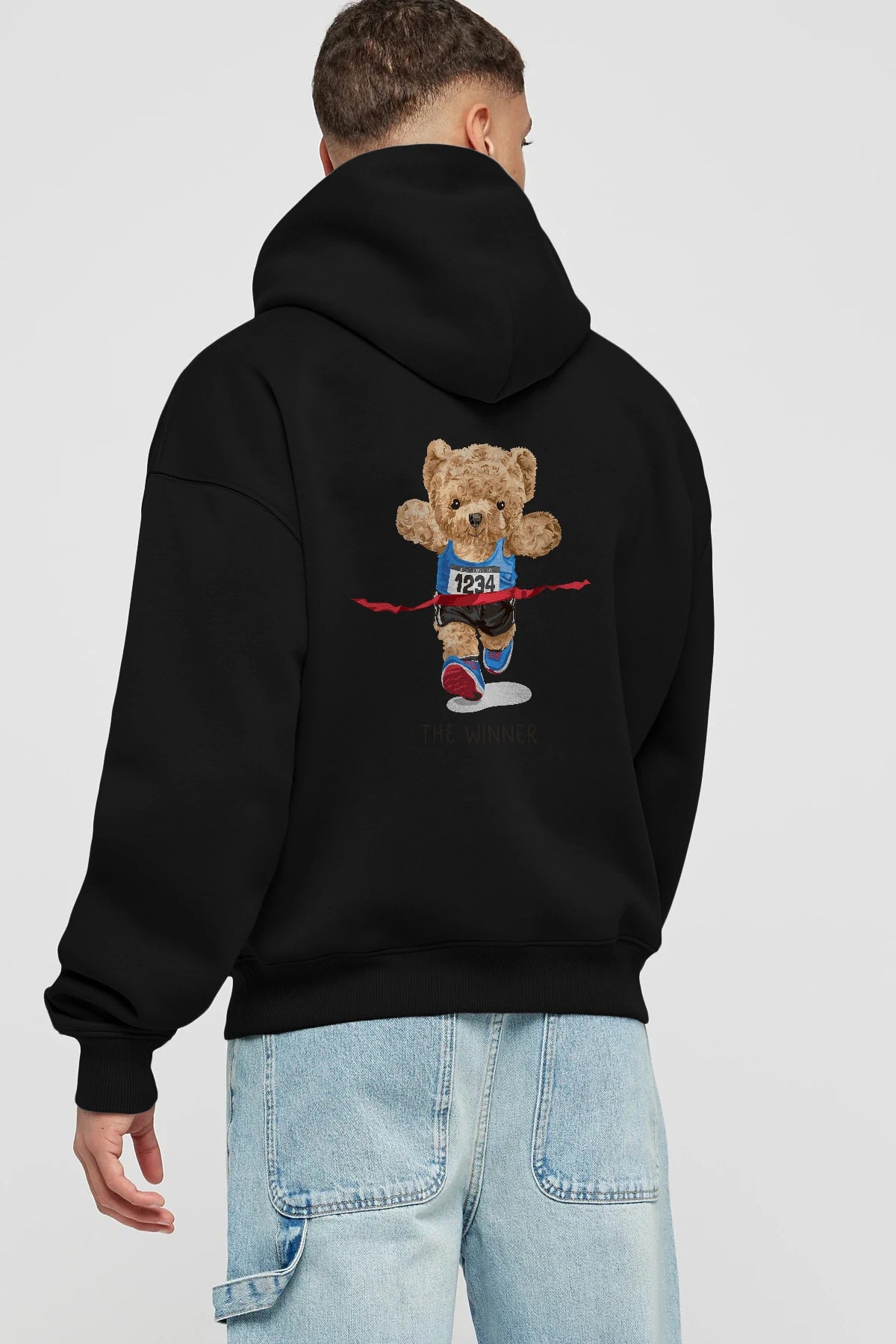 Teddy Bear The Winner Arka Baskılı Hoodie Oversize Kapüşonlu Sweatshirt Erkek Kadın Unisex