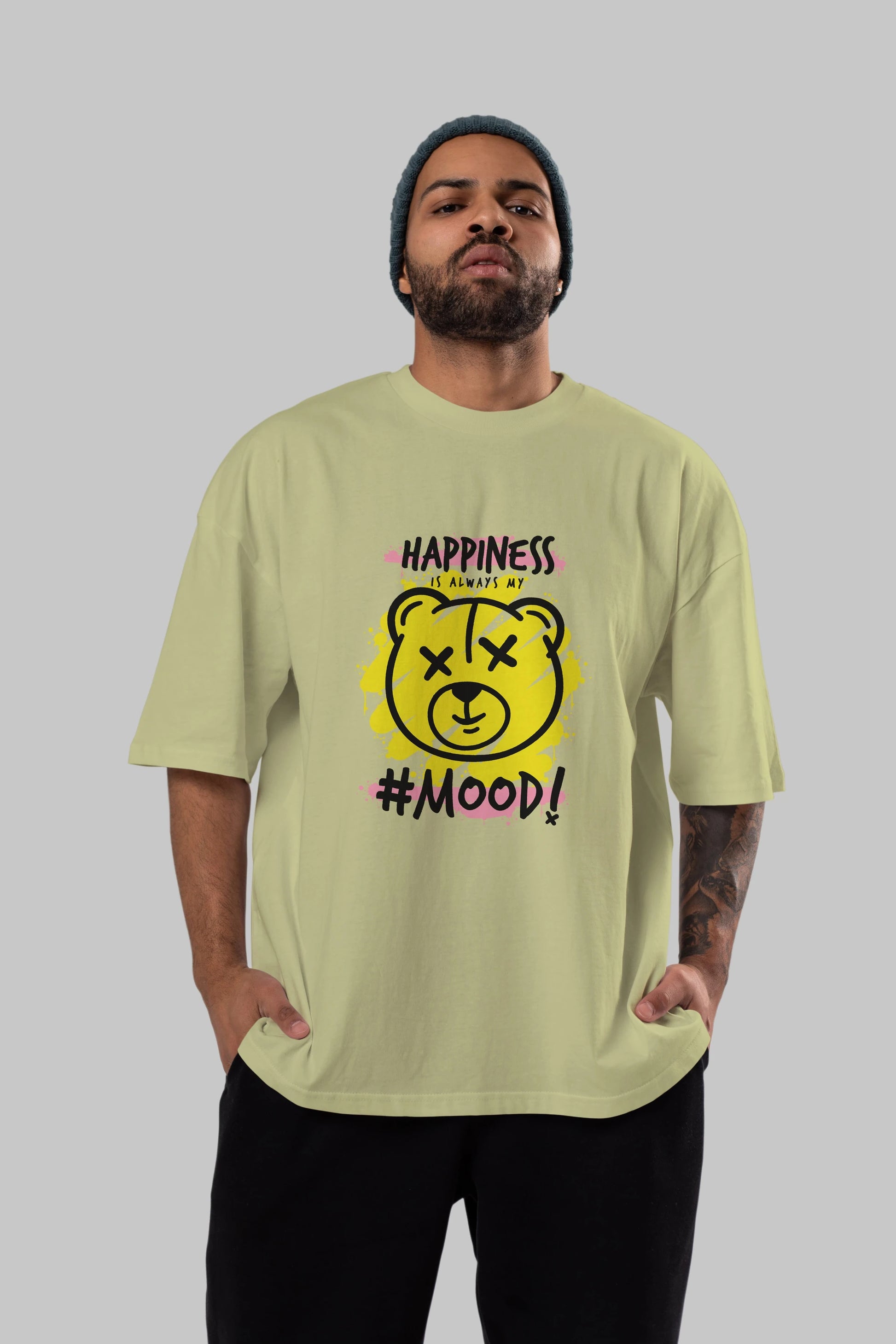 Happiness Mood Bear Ön Baskılı Oversize t-shirt Erkek Kadın Unisex