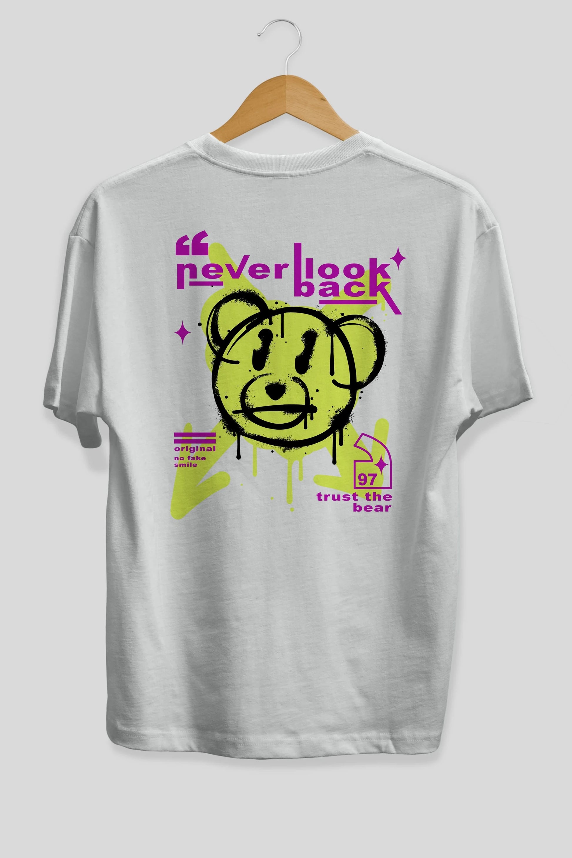 Never Look Back Bear Arka Baskılı Oversize t-shirt Erkek Kadın Unisex