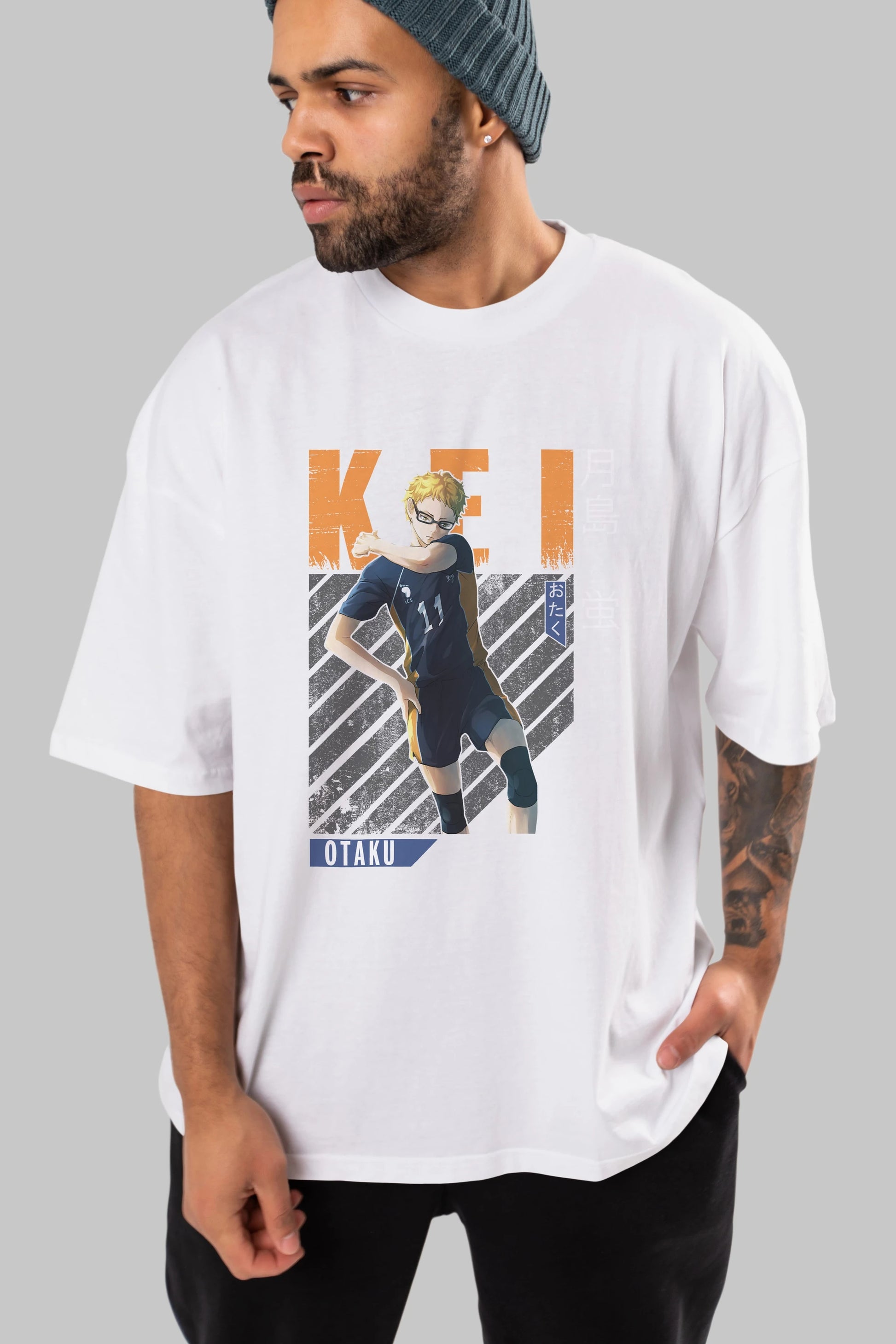 Kei Tsukishima 2 Anime Ön Baskılı Oversize t-shirt %100 pamuk Erkek Kadın Unisex