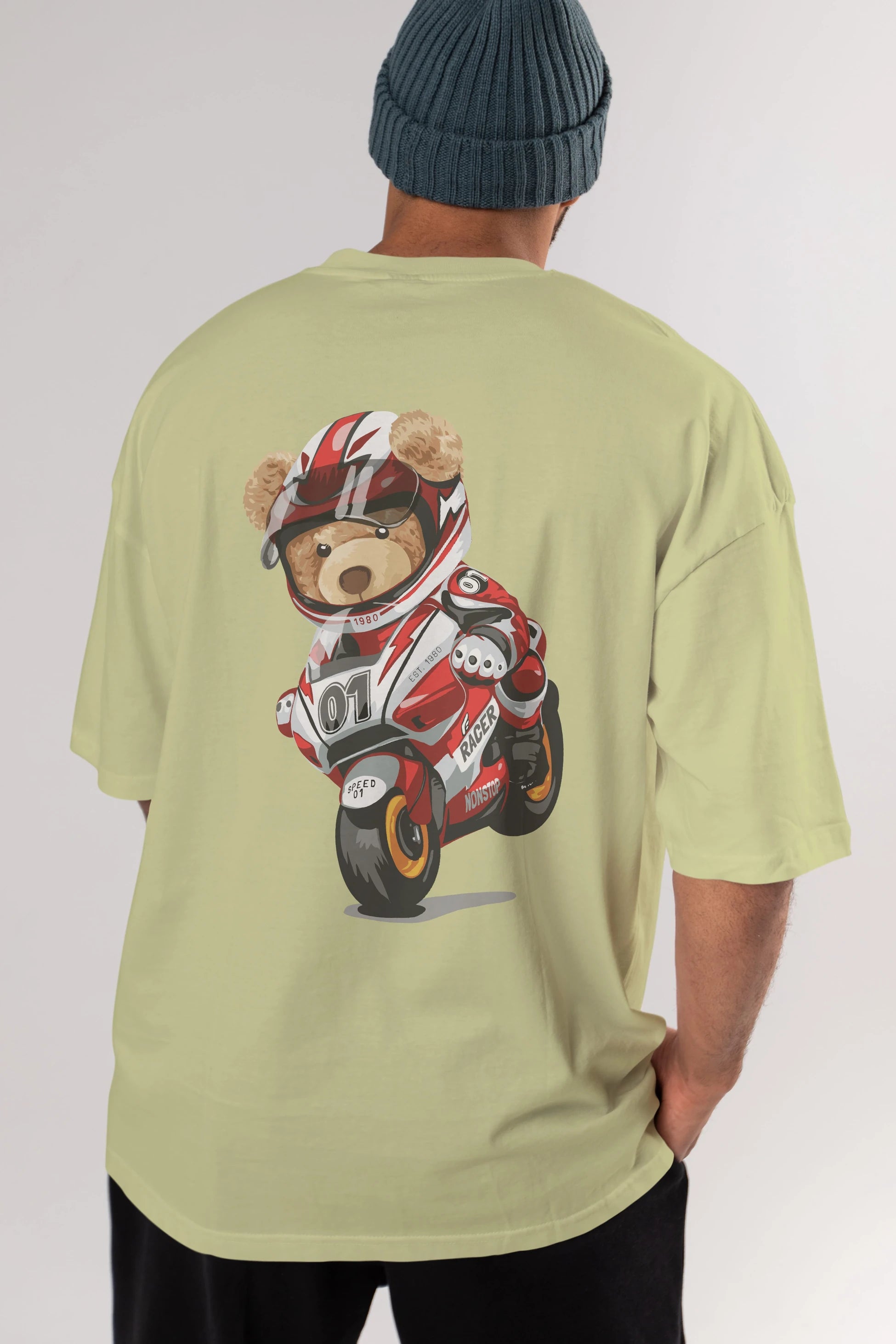 Teddy Bear Racer Arka Baskılı Oversize t-shirt Erkek Kadın Unisex %100 Pamuk